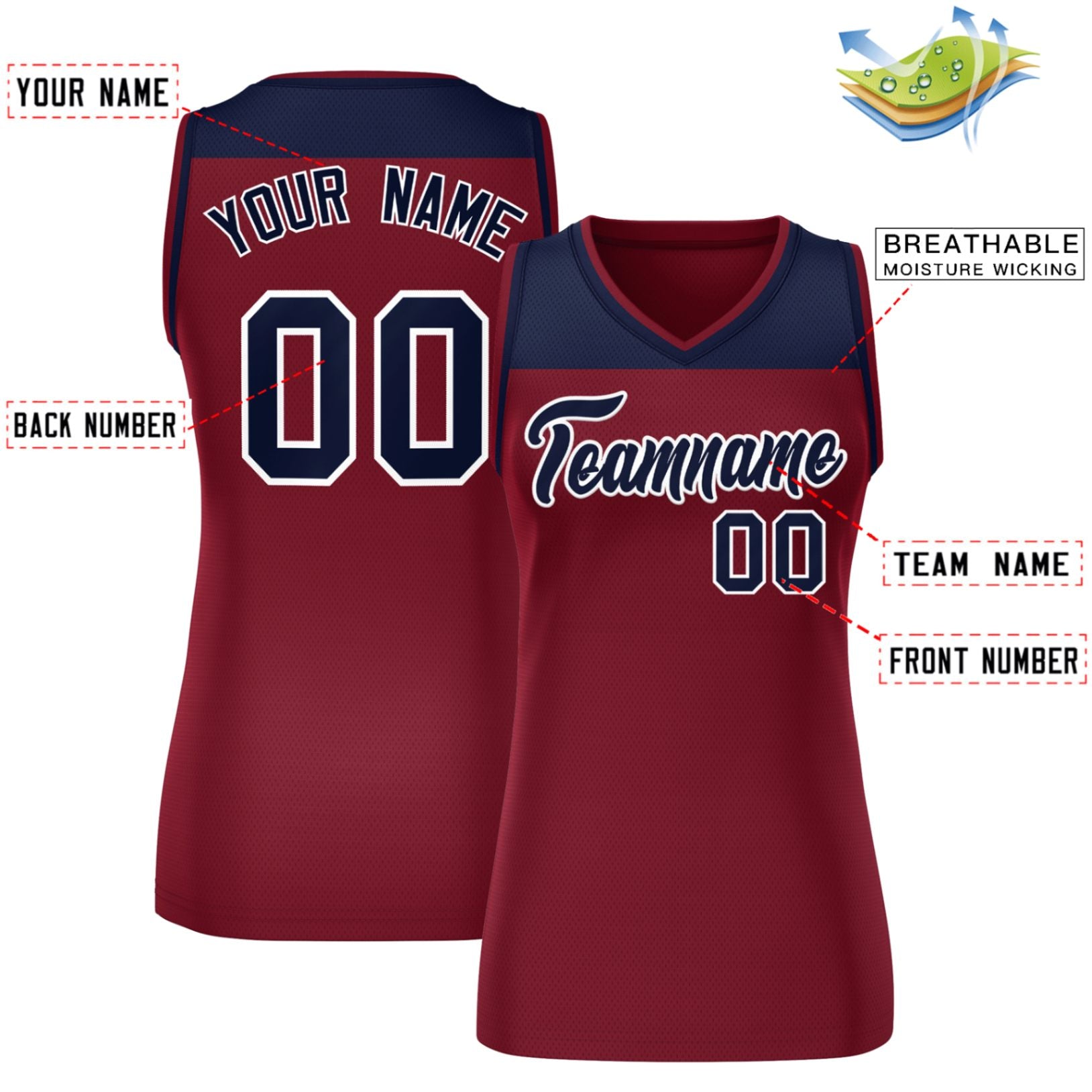 Custom Navy Crimson Color Block Fashion Tops Mesh Basketball Jersey For Women