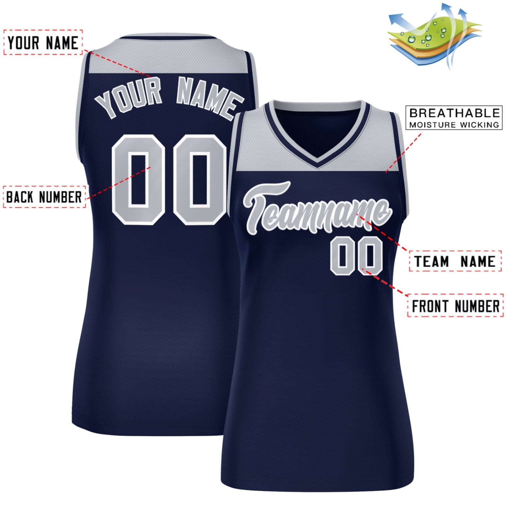 Custom Gray Navy Color Block Fashion Tops Mesh Basketball Jersey For Women