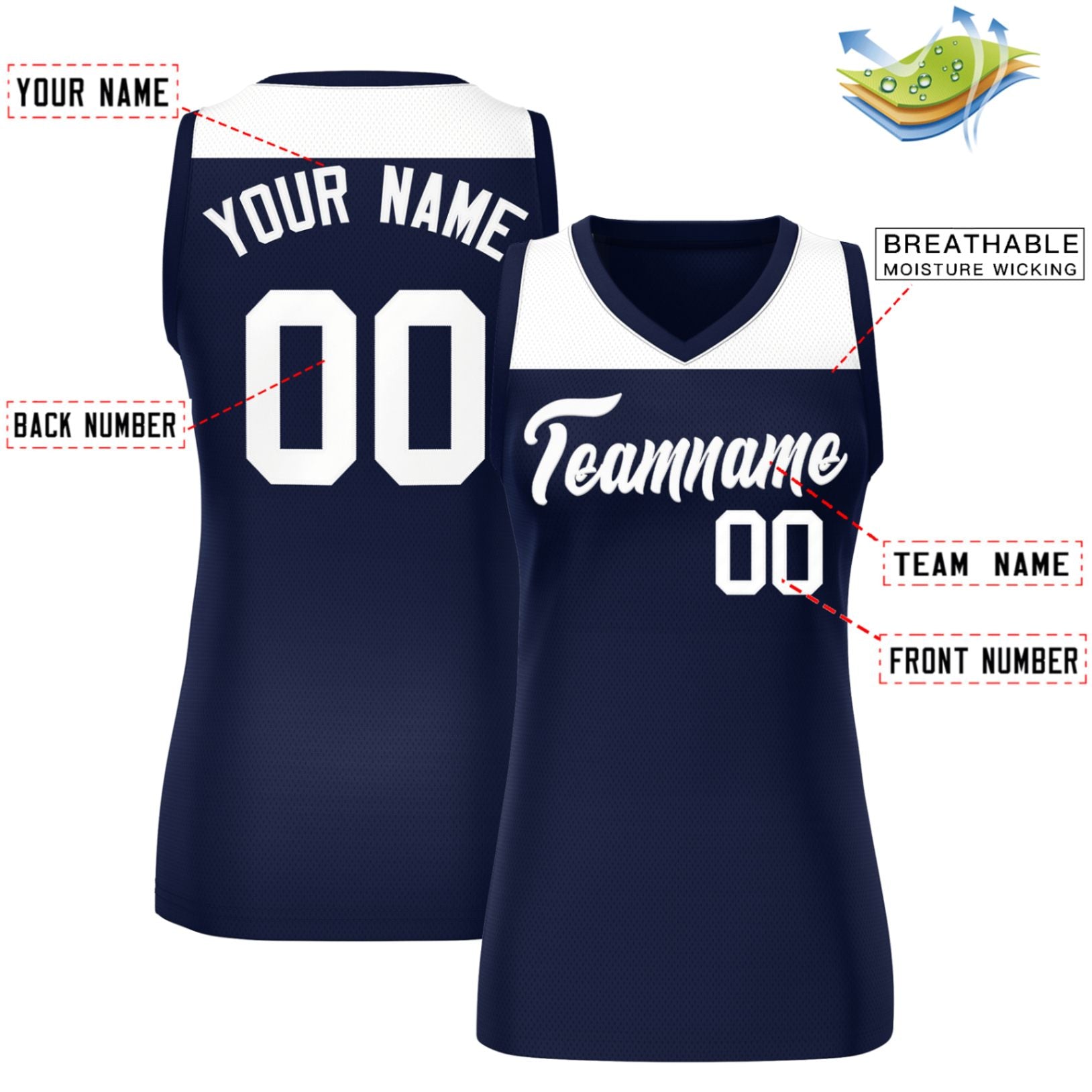 Custom White Navy Color Block Fashion Tops Mesh Basketball Jersey For Women