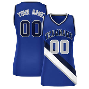 Custom Royal Navy-Gray Thick Slash Fashion Tops Mesh Basketball Jersey For Women