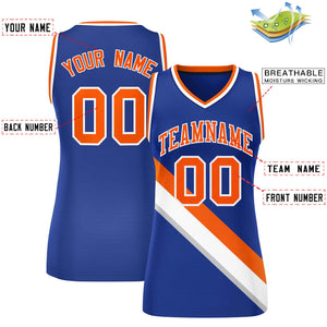 Custom Royal White-Orange Thick Slash Fashion Tops Mesh Basketball Jersey For Women