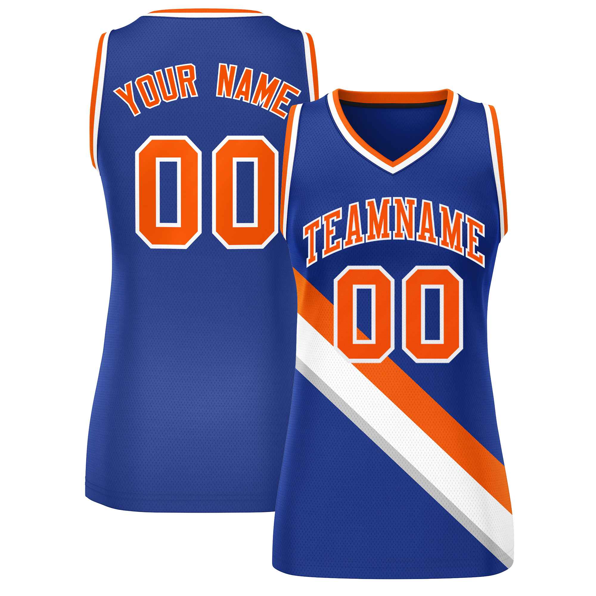 Custom Royal White-Orange Thick Slash Fashion Tops Mesh Basketball Jersey For Women