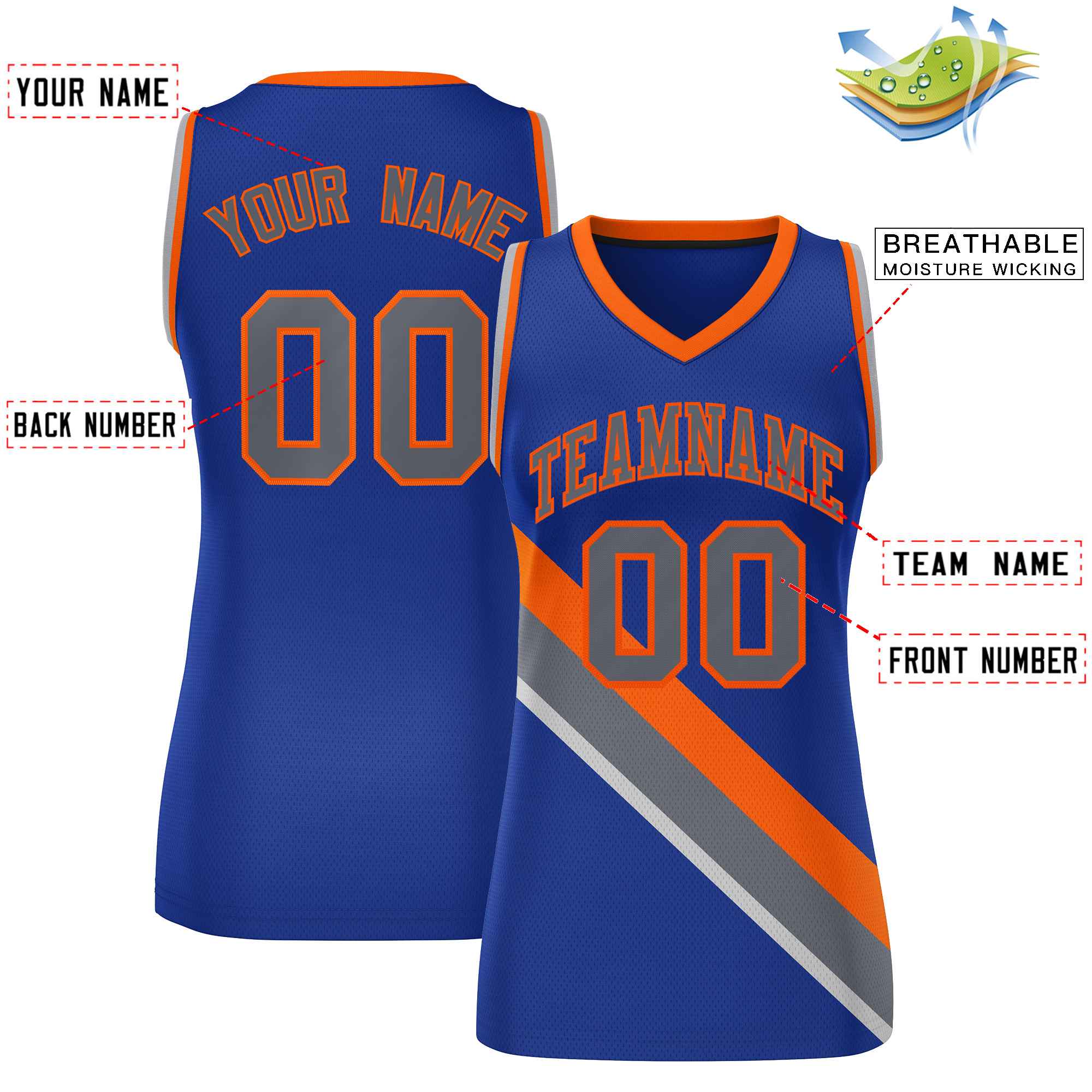 Custom Royal Orange-Dark Gray Thick Slash Fashion Tops Mesh Basketball Jersey For Women