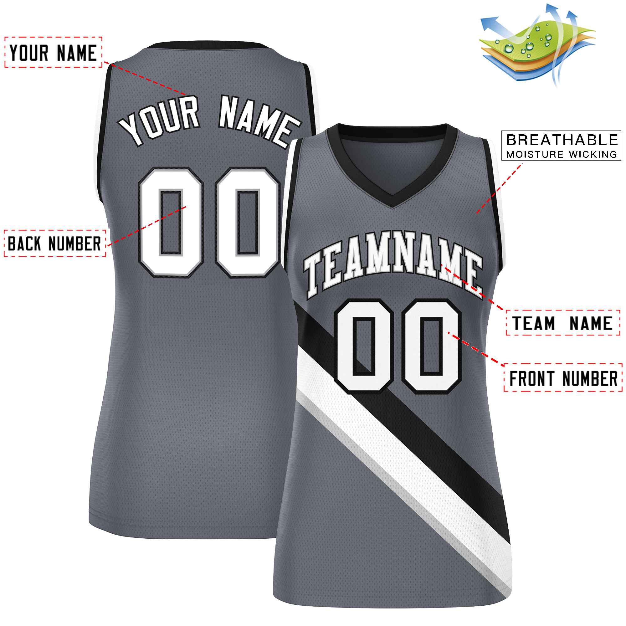 Custom Dark Gray Black-White Thick Slash Fashion Tops Mesh Basketball Jersey For Women