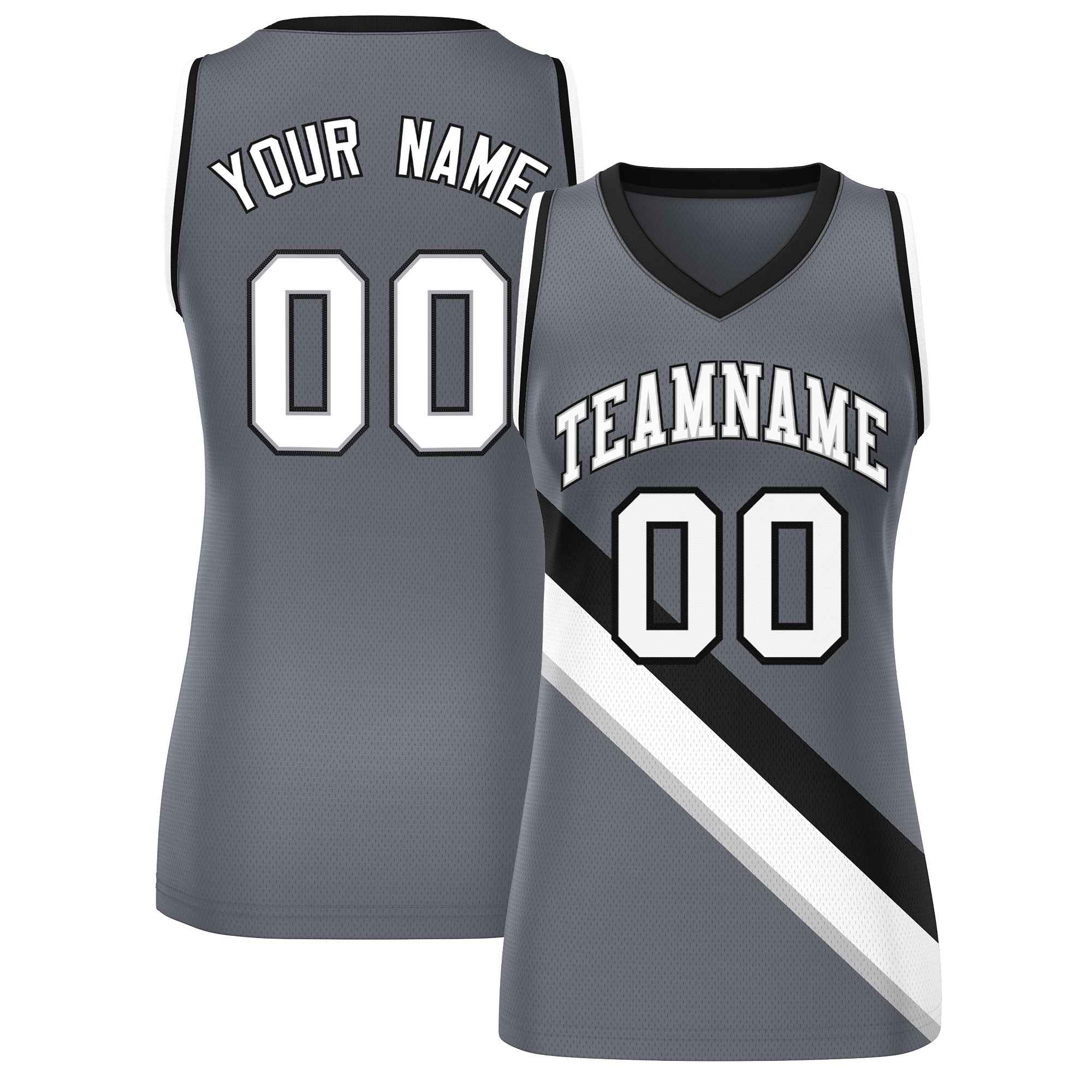 Custom Dark Gray Black-White Thick Slash Fashion Tops Mesh Basketball Jersey For Women