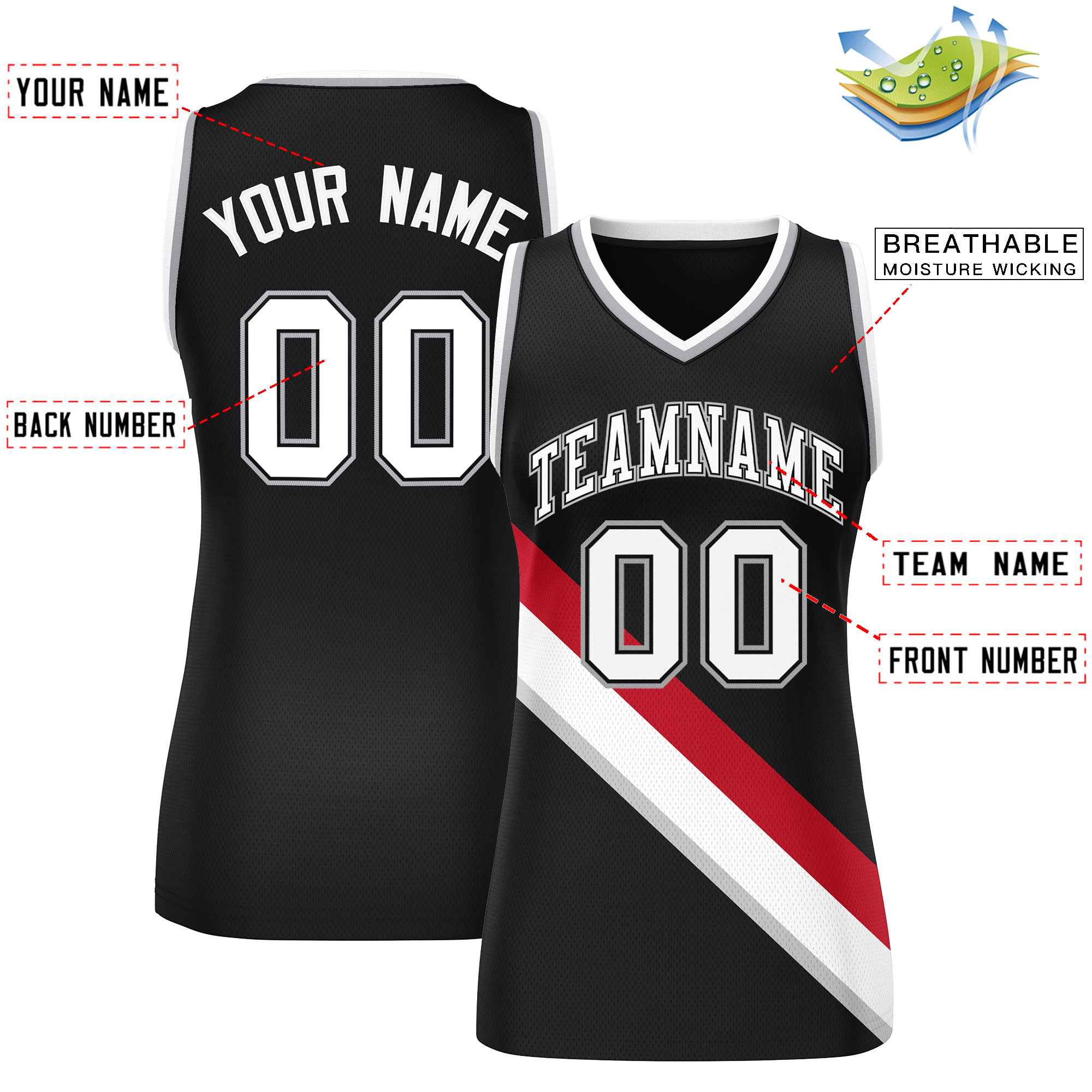 Custom Black Gray-White Thick Slash Fashion Tops Mesh Basketball Jersey For Women