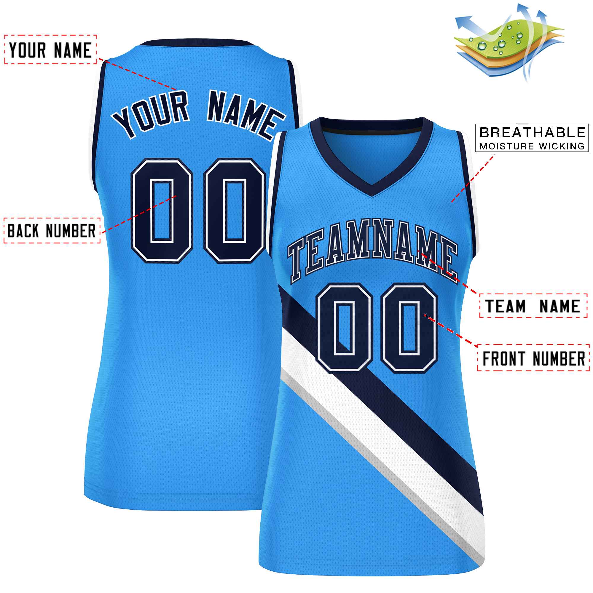 Custom Powder Blue Navy-White Thick Slash Fashion Tops Mesh Basketball Jersey For Women