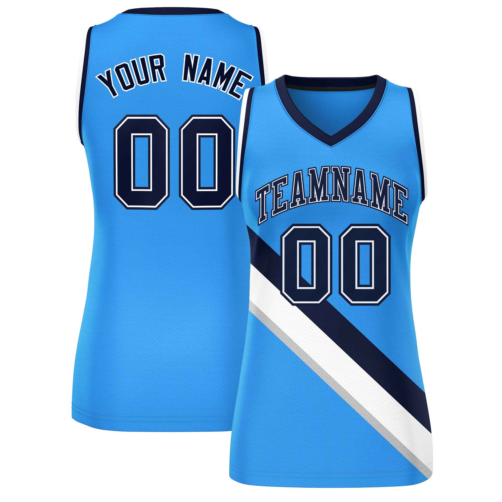 Custom Powder Blue Navy-White Thick Slash Fashion Tops Mesh Basketball Jersey For Women