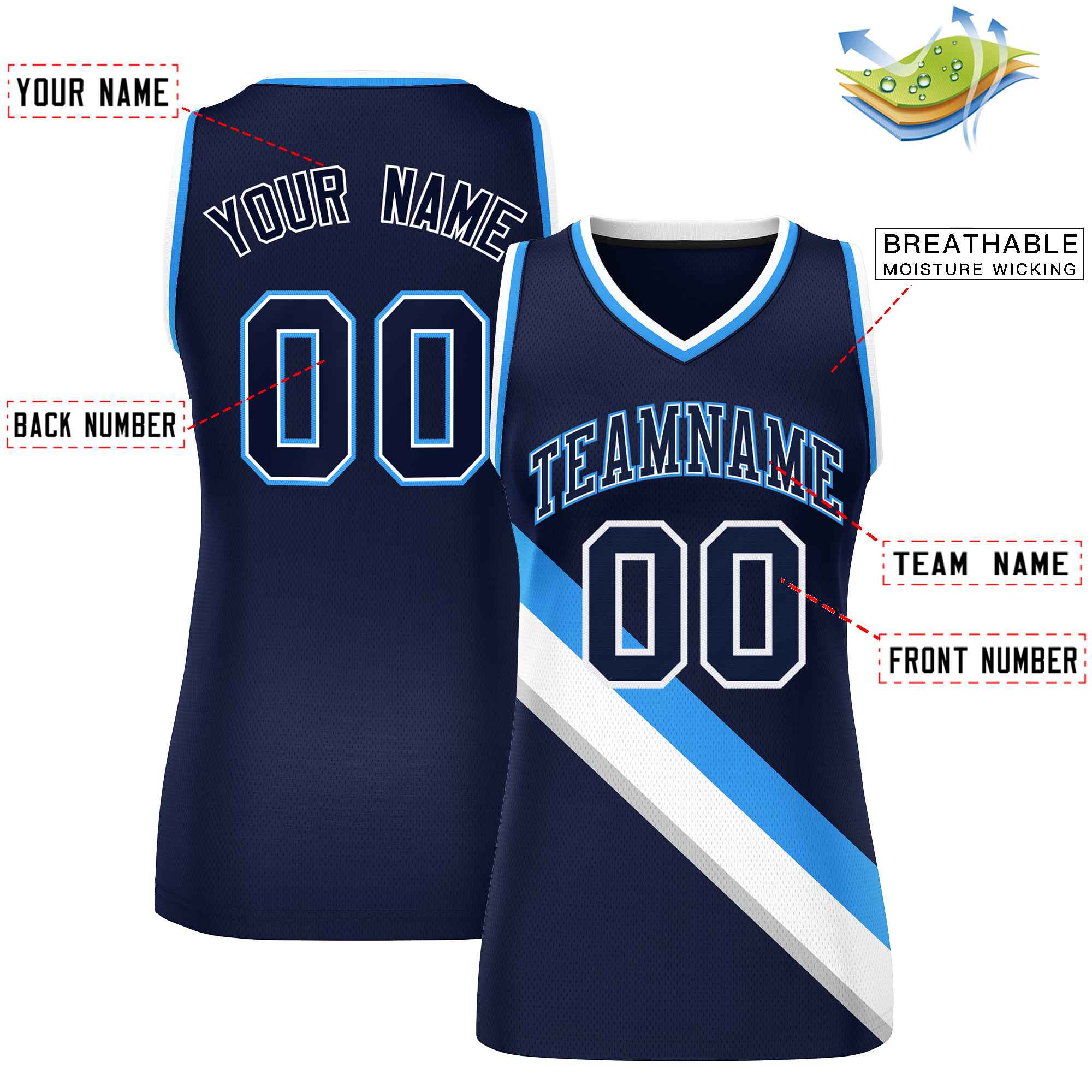 Custom Navy Powder Blue-White Thick Slash Fashion Tops Mesh Basketball Jersey For Women