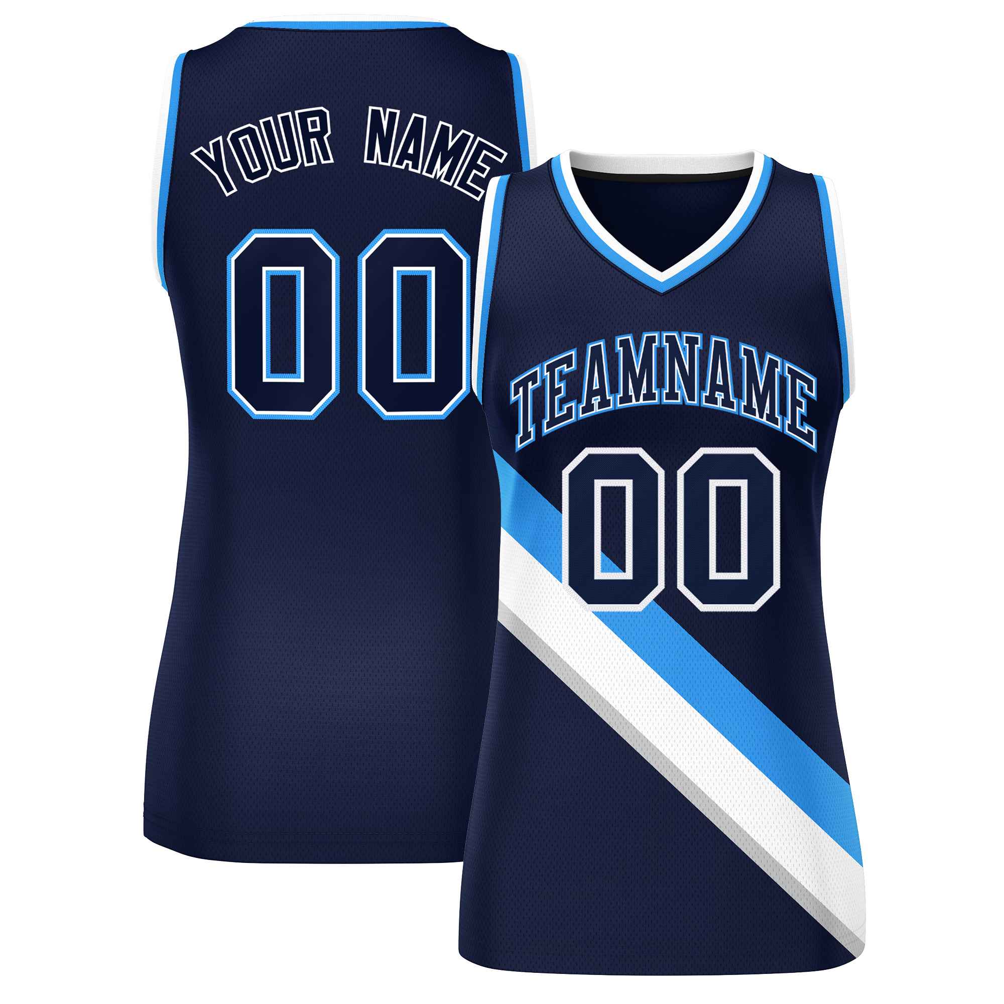 Custom Navy Powder Blue-White Thick Slash Fashion Tops Mesh Basketball Jersey For Women