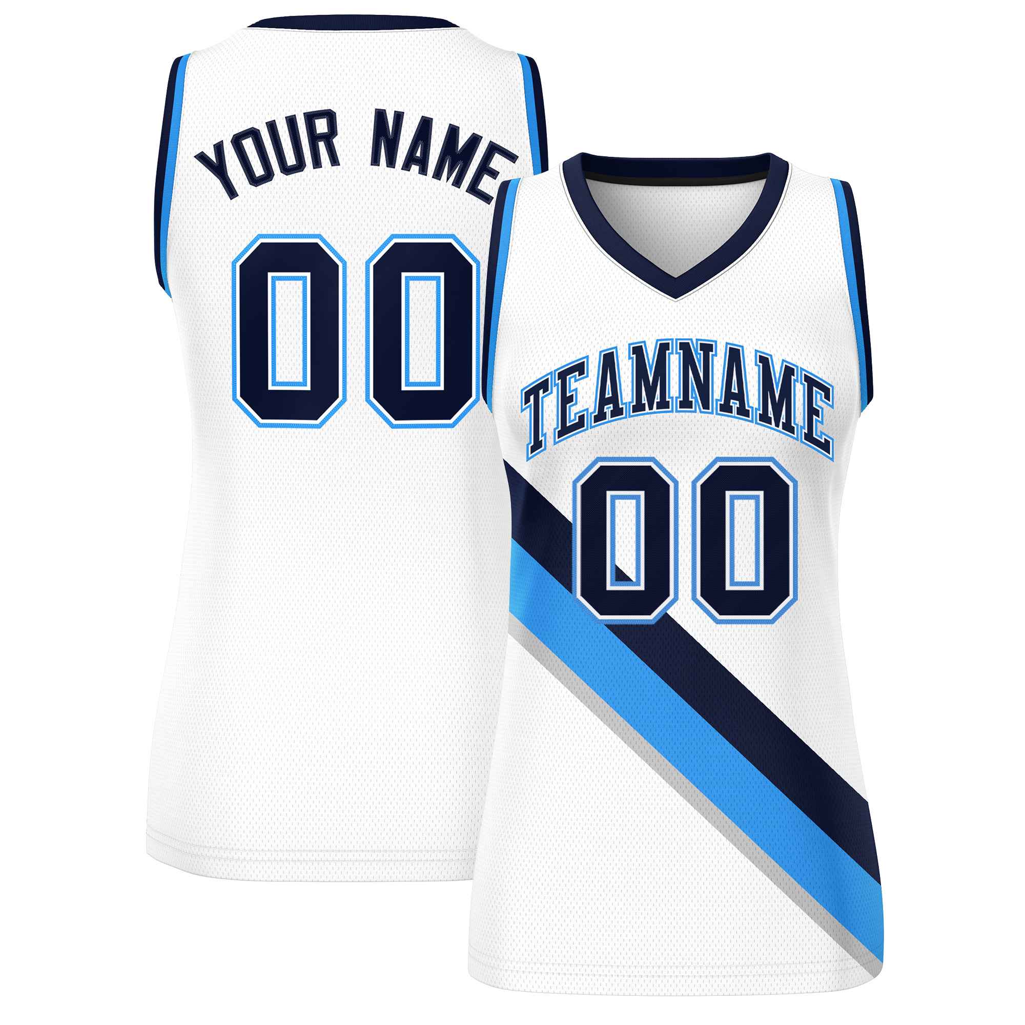 Custom White Powder Blue-Navy Thick Slash Fashion Tops Mesh Basketball Jersey For Women