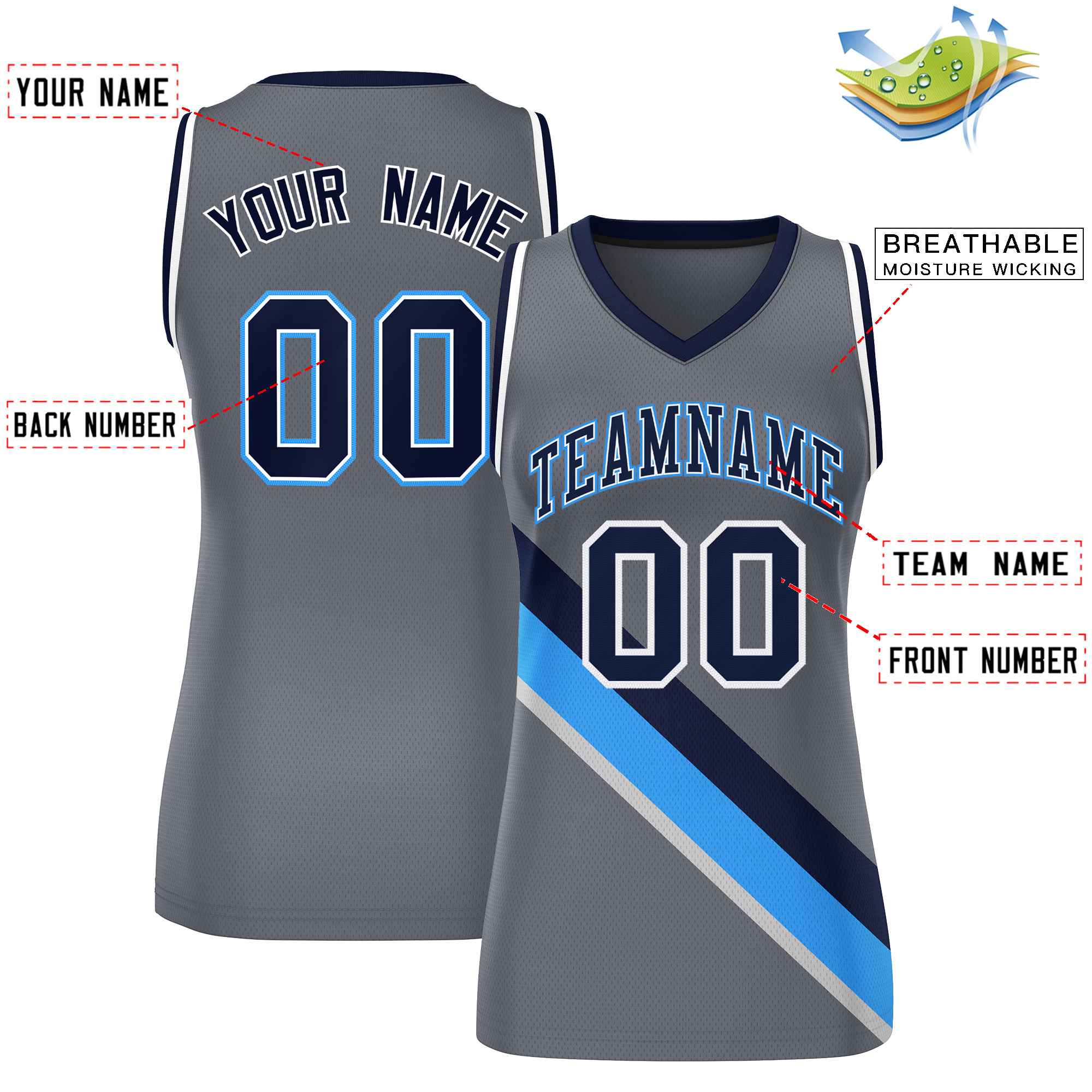 Custom Dark Gray White-Navy Thick Slash Fashion Tops Mesh Basketball Jersey For Women