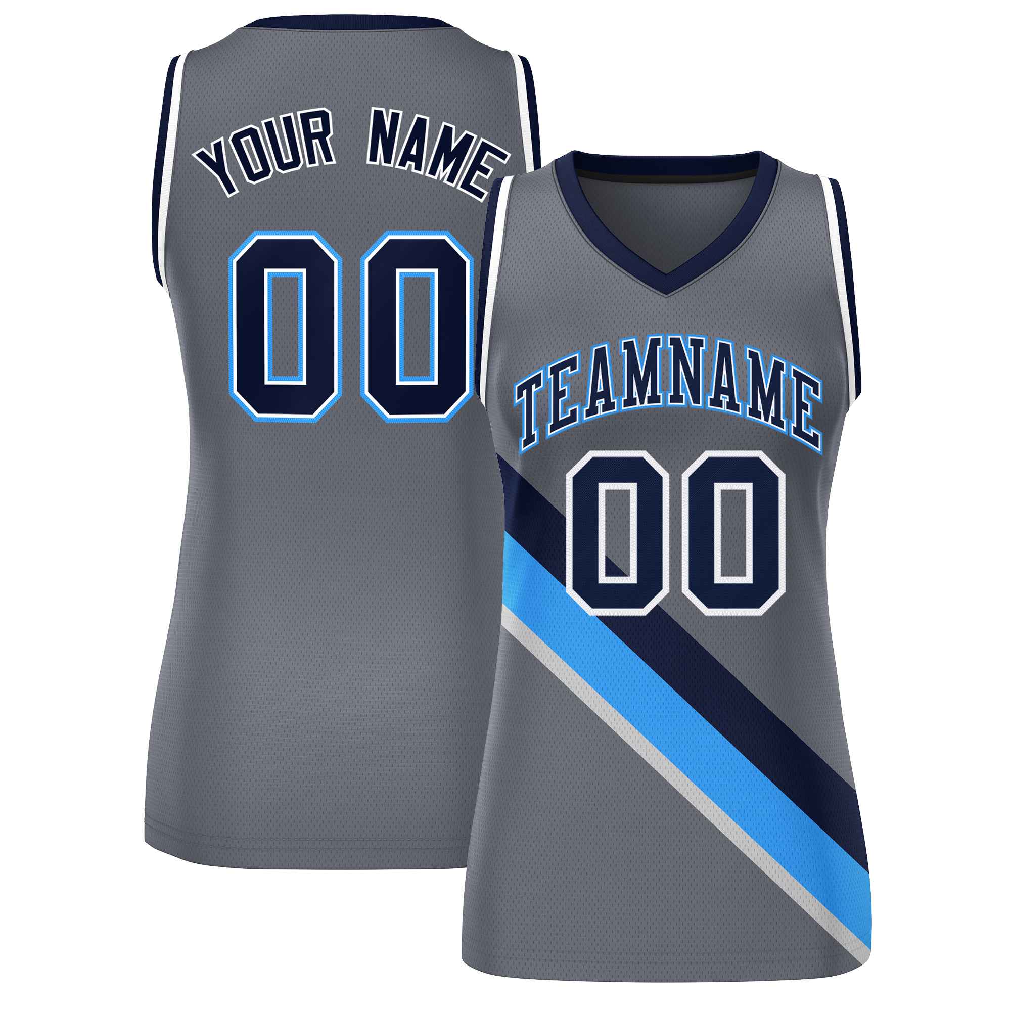 Custom Dark Gray White-Navy Thick Slash Fashion Tops Mesh Basketball Jersey For Women