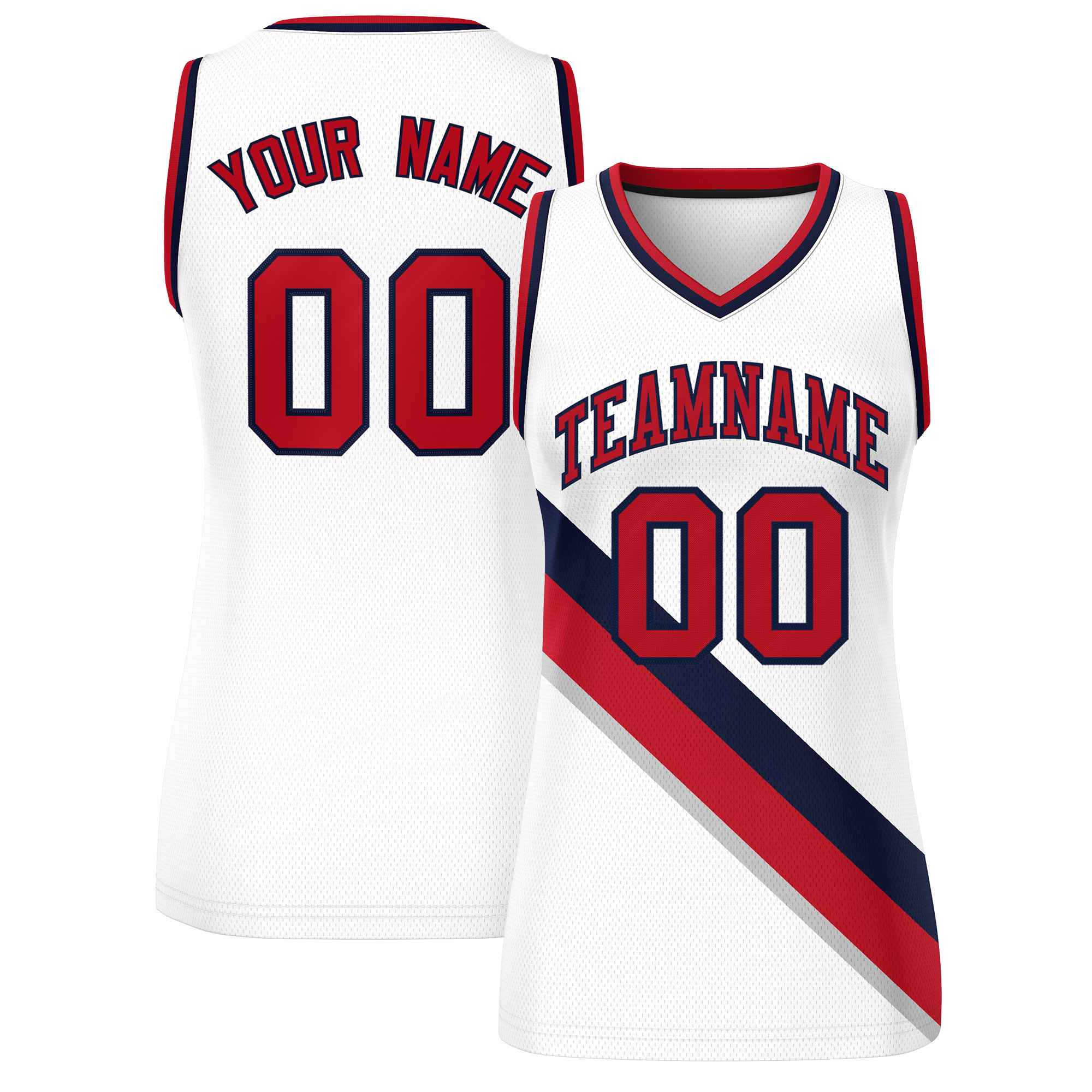 Custom White Navy-Red Thick Slash Fashion Tops Mesh Basketball Jersey For Women