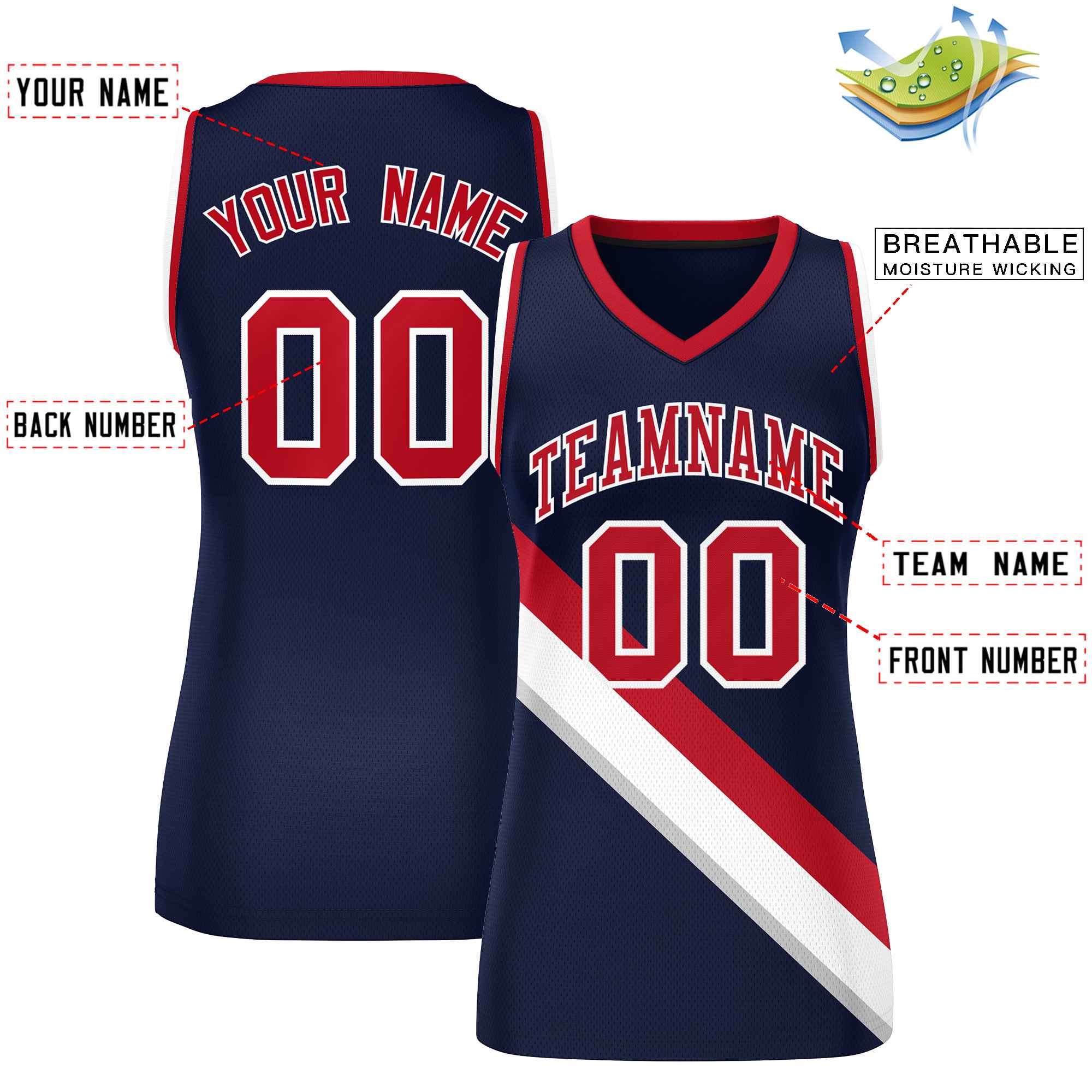 Custom Dark Gray Navy-Red Thick Slash Fashion Tops Mesh Basketball Jersey For Women