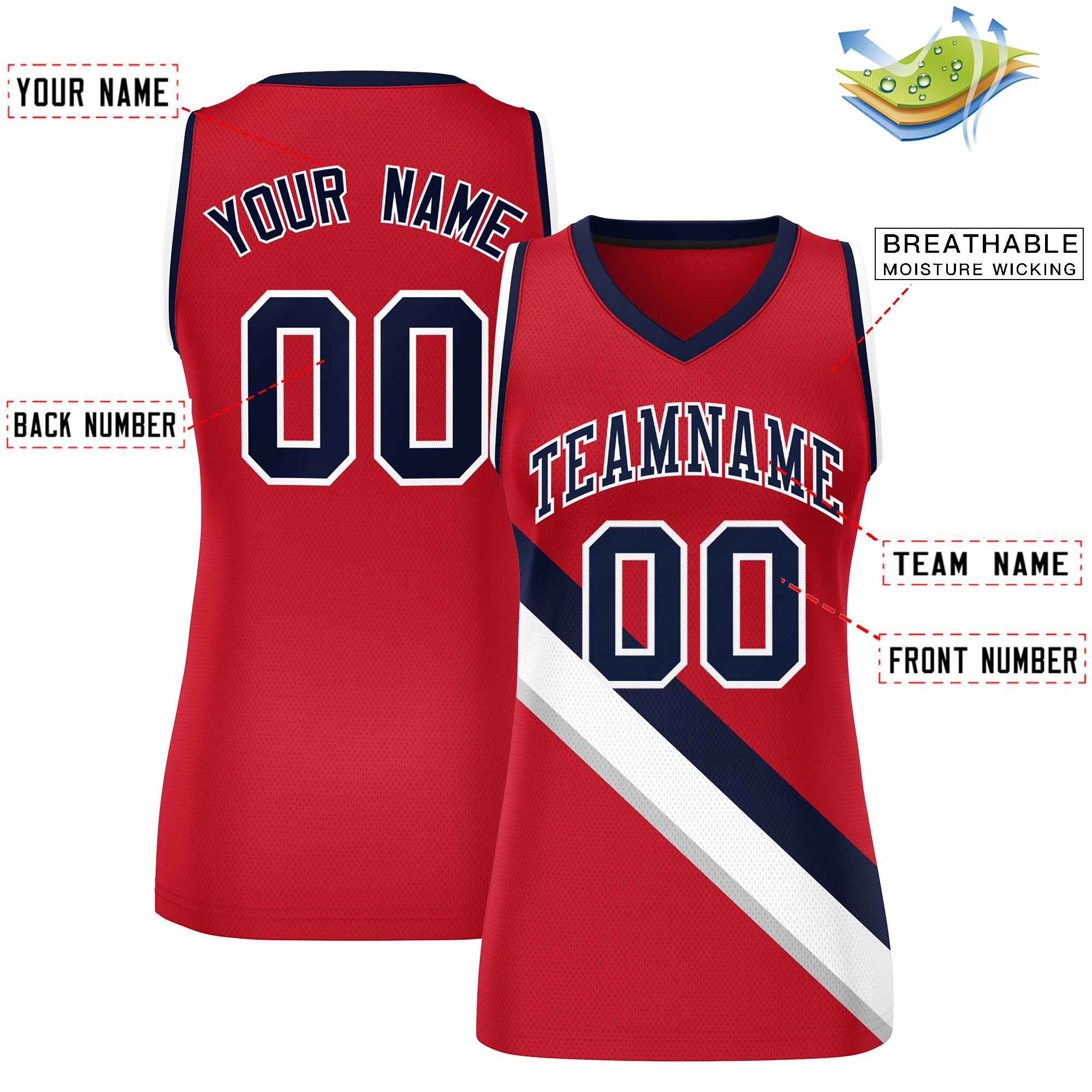 Custom Red Navy-White Thick Slash Fashion Tops Mesh Basketball Jersey For Women