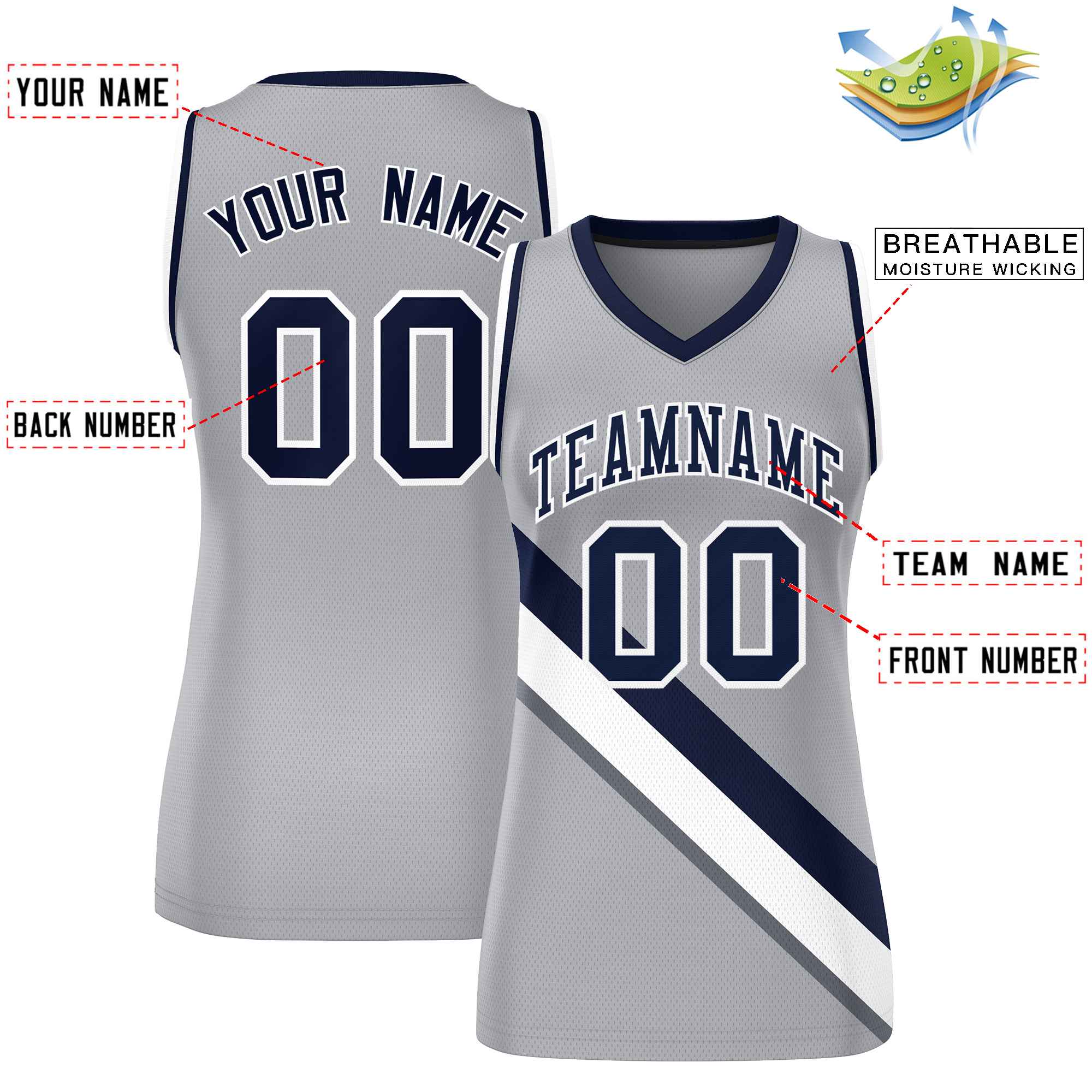 Custom Light Gray Navy-White Thick Slash Fashion Tops Mesh Basketball Jersey For Women