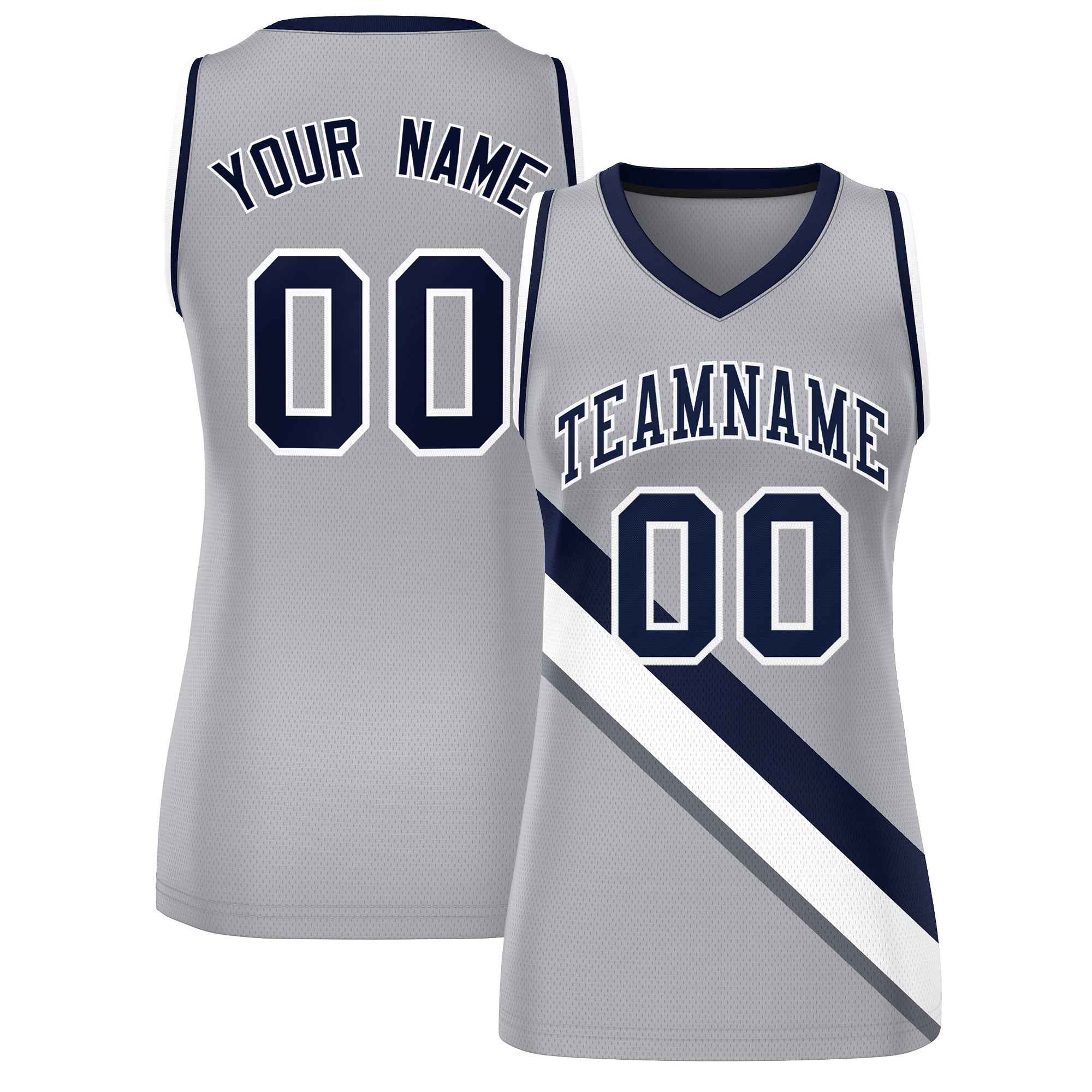 Custom Light Gray Navy-White Thick Slash Fashion Tops Mesh Basketball Jersey For Women