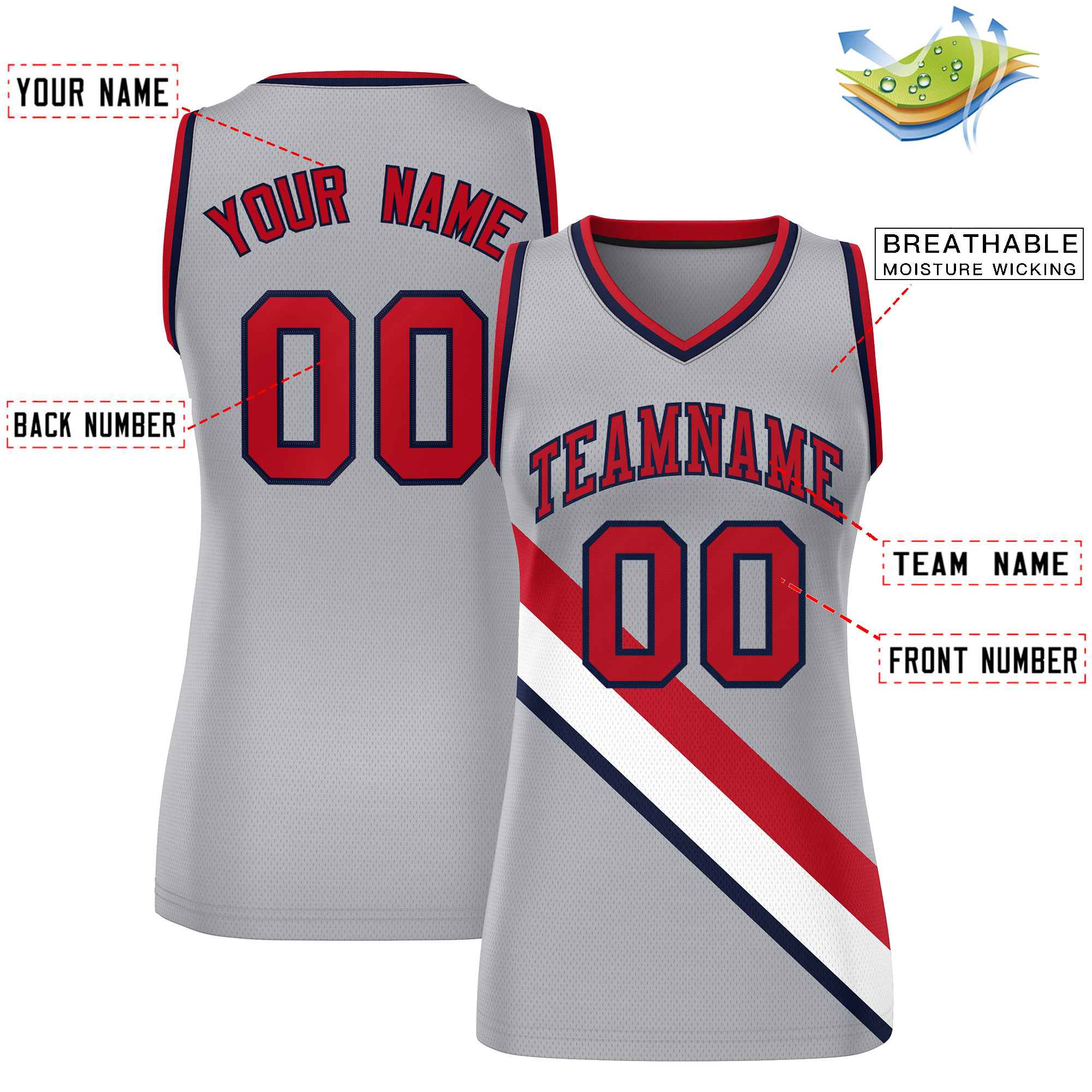 Custom Light Gray Navy-Red Thick Slash Fashion Tops Mesh Basketball Jersey For Women