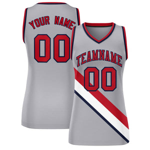 Custom Light Gray Navy-Red Thick Slash Fashion Tops Mesh Basketball Jersey For Women