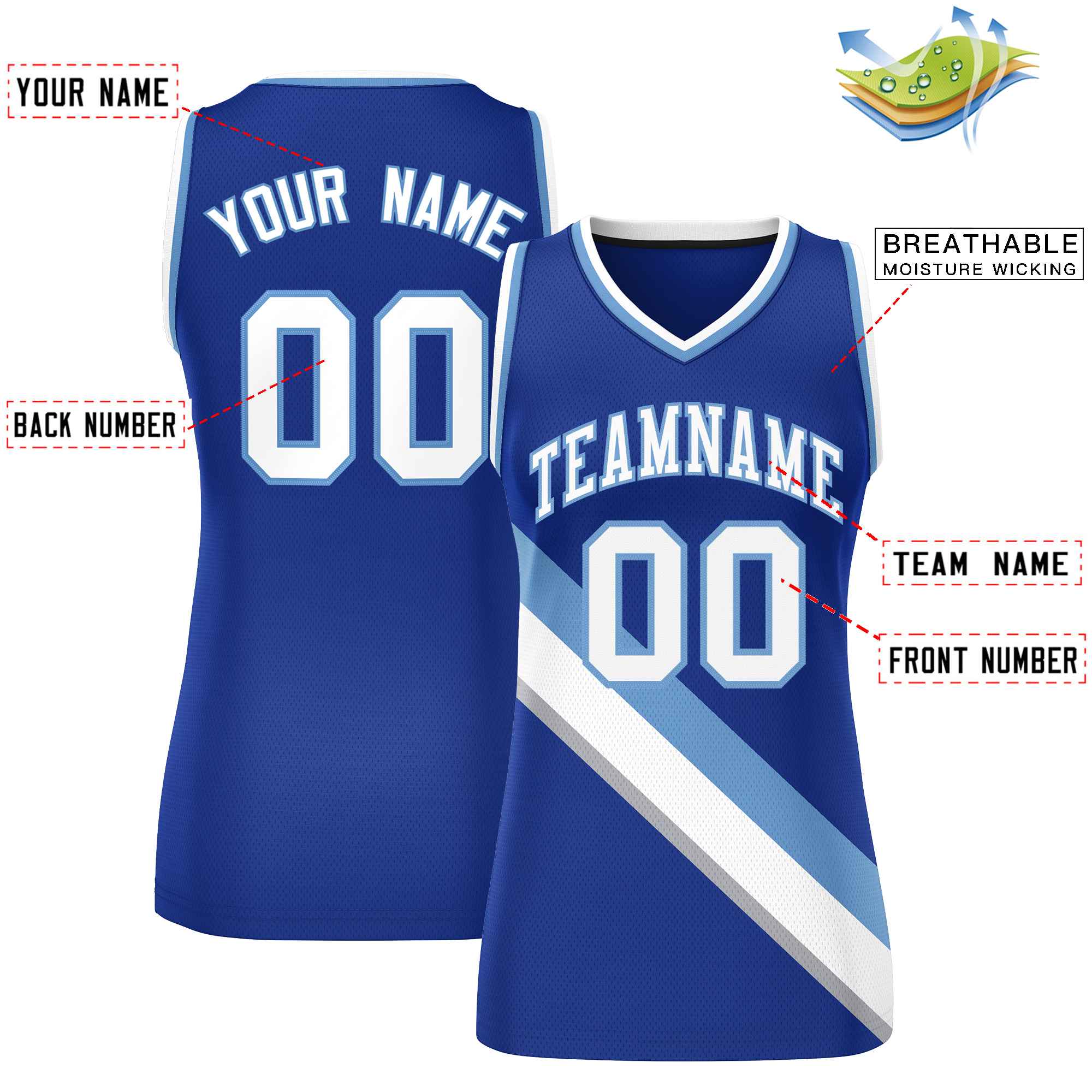 Custom Royal White-Light Blue Thick Slash Fashion Tops Mesh Basketball Jersey For Women