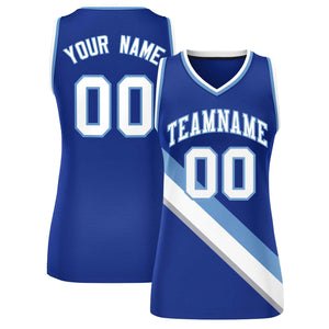 Custom Royal White-Light Blue Thick Slash Fashion Tops Mesh Basketball Jersey For Women