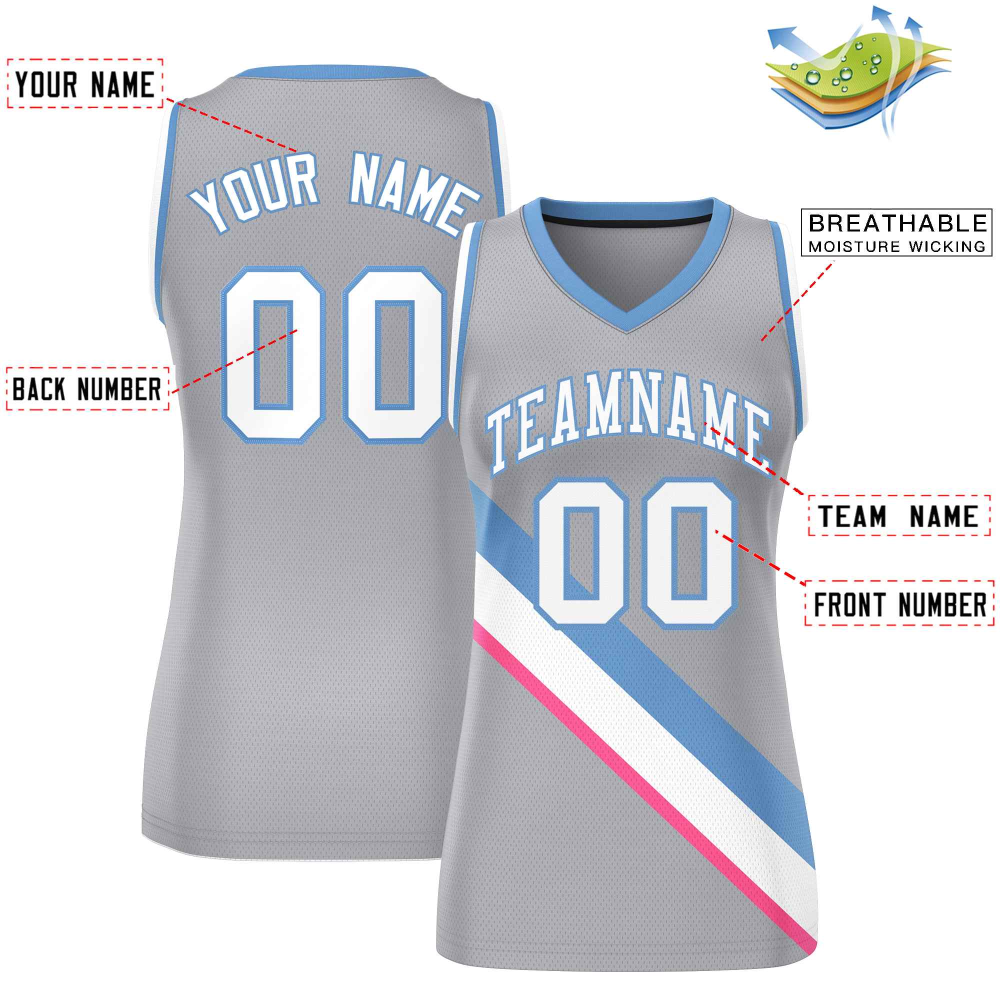 Custom Light Gray White-Light Blue Thick Slash Fashion Tops Mesh Basketball Jersey For Women