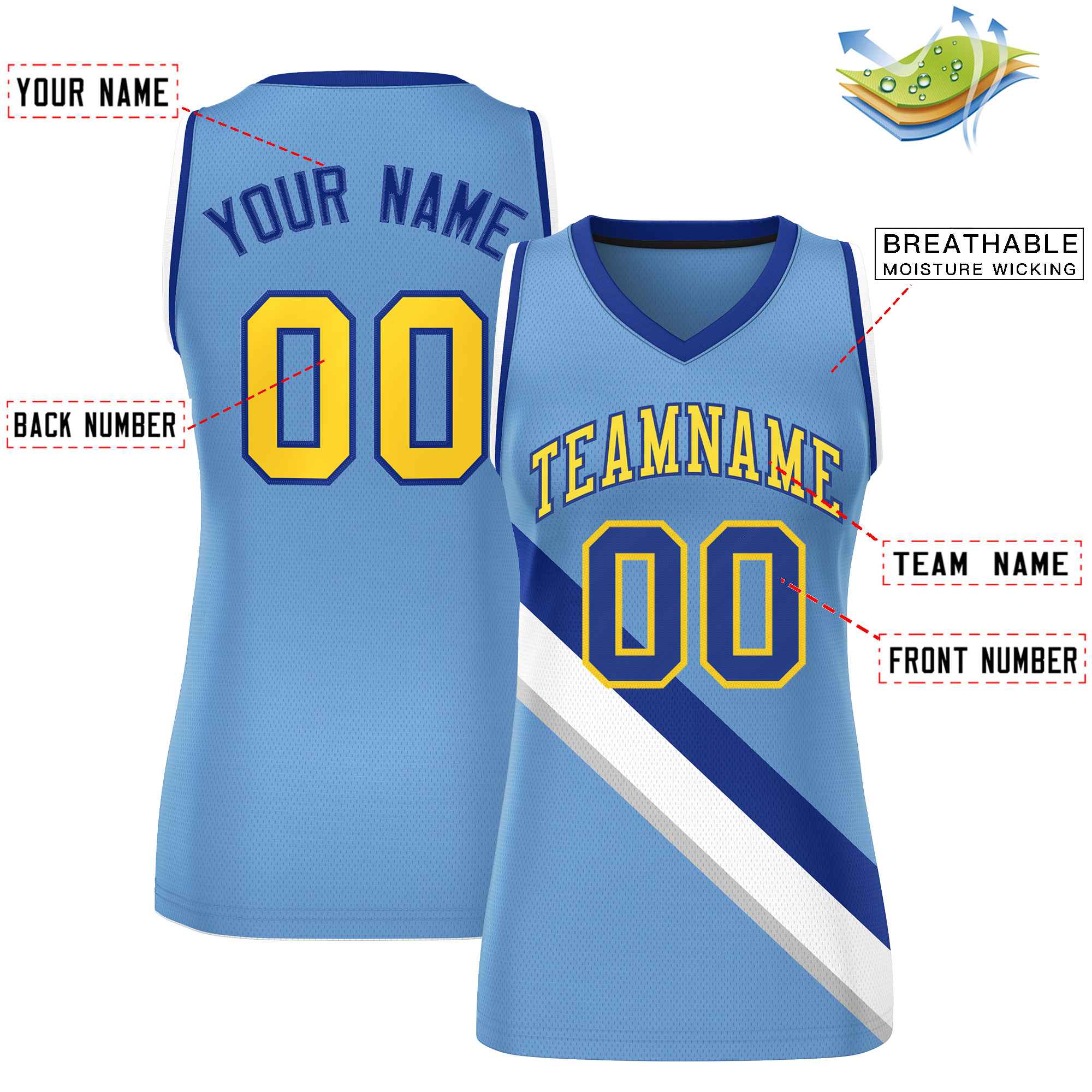 Custom Light Blue White-Royal Thick Slash Fashion Tops Mesh Basketball Jersey For Women