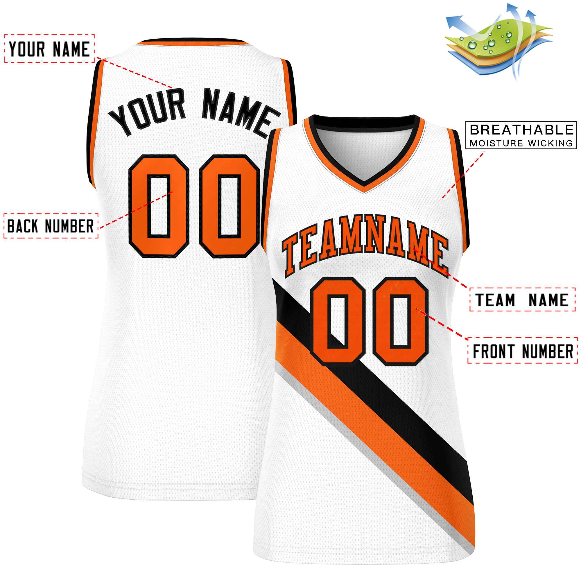 Custom White Orange-Black Thick Slash Fashion Tops Mesh Basketball Jersey For Women