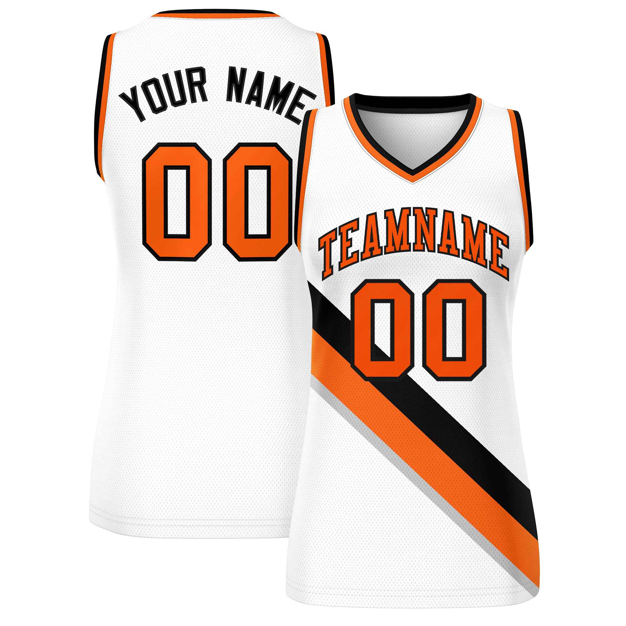 Custom White Orange-Black Thick Slash Fashion Tops Mesh Basketball Jersey For Women