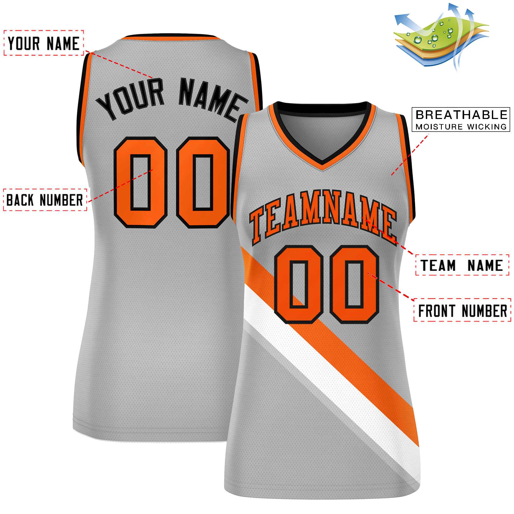 Custom Light Gray Orange-Black Thick Slash Fashion Tops Mesh Basketball Jersey For Women