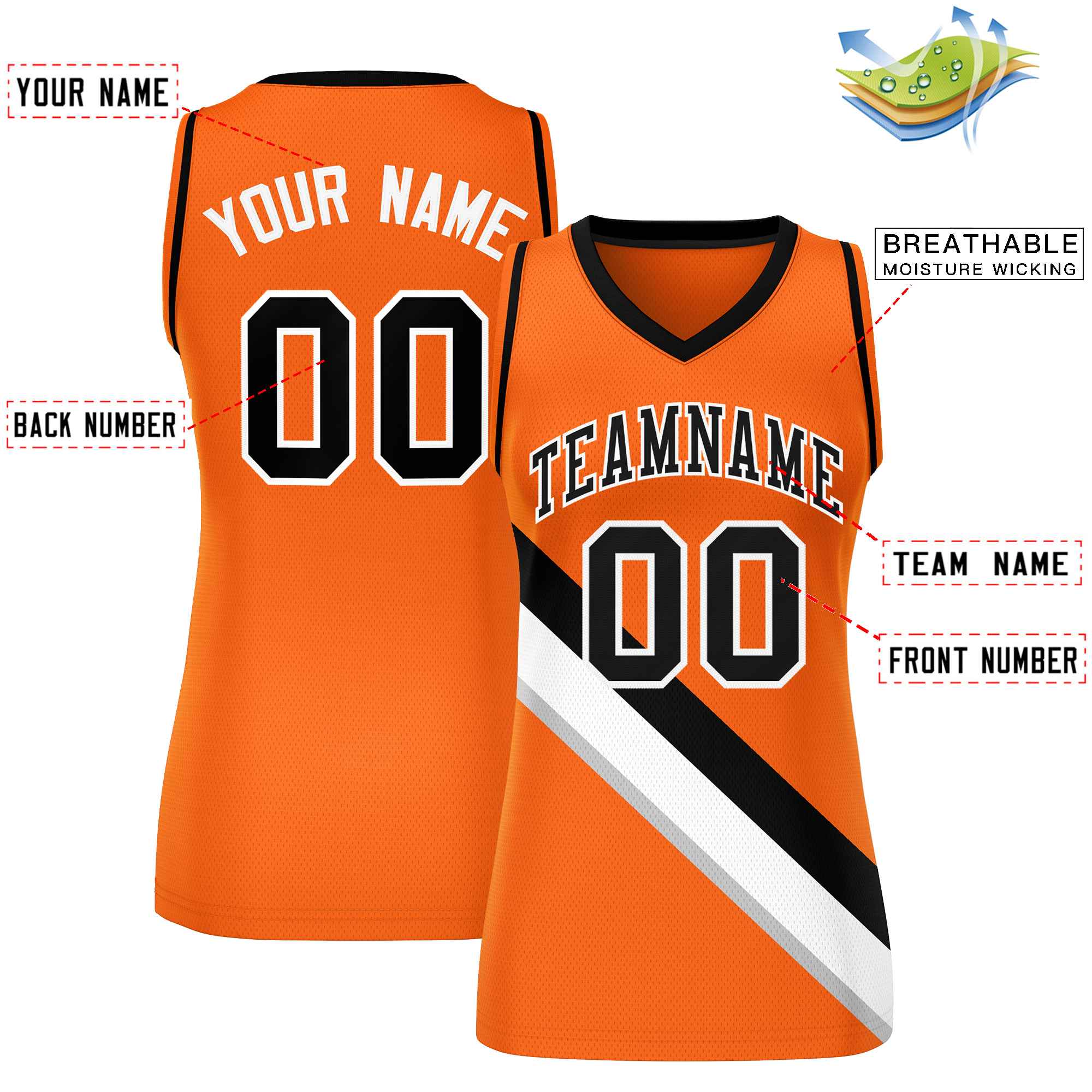 Custom Orange Black-White Thick Slash Fashion Tops Mesh Basketball Jersey For Women