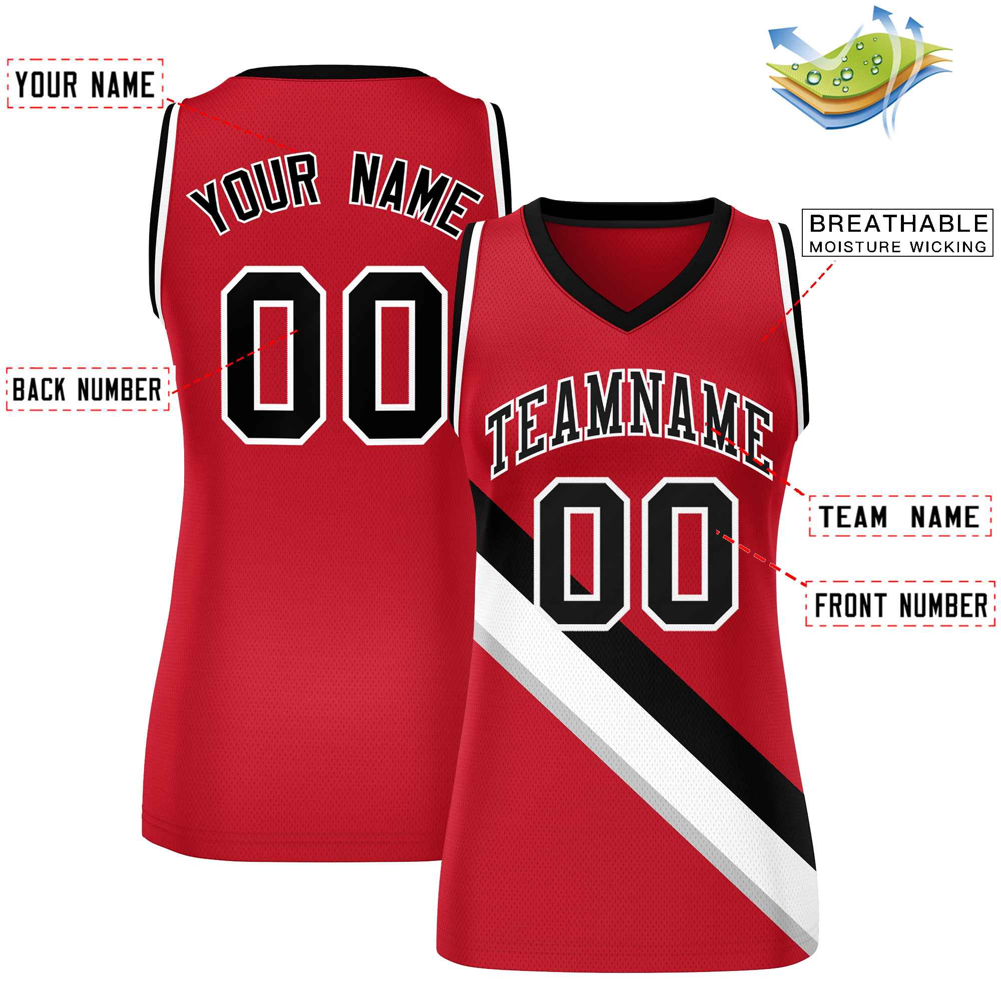 Custom Red Black-White Thick Slash Fashion Tops Mesh Basketball Jersey For Women