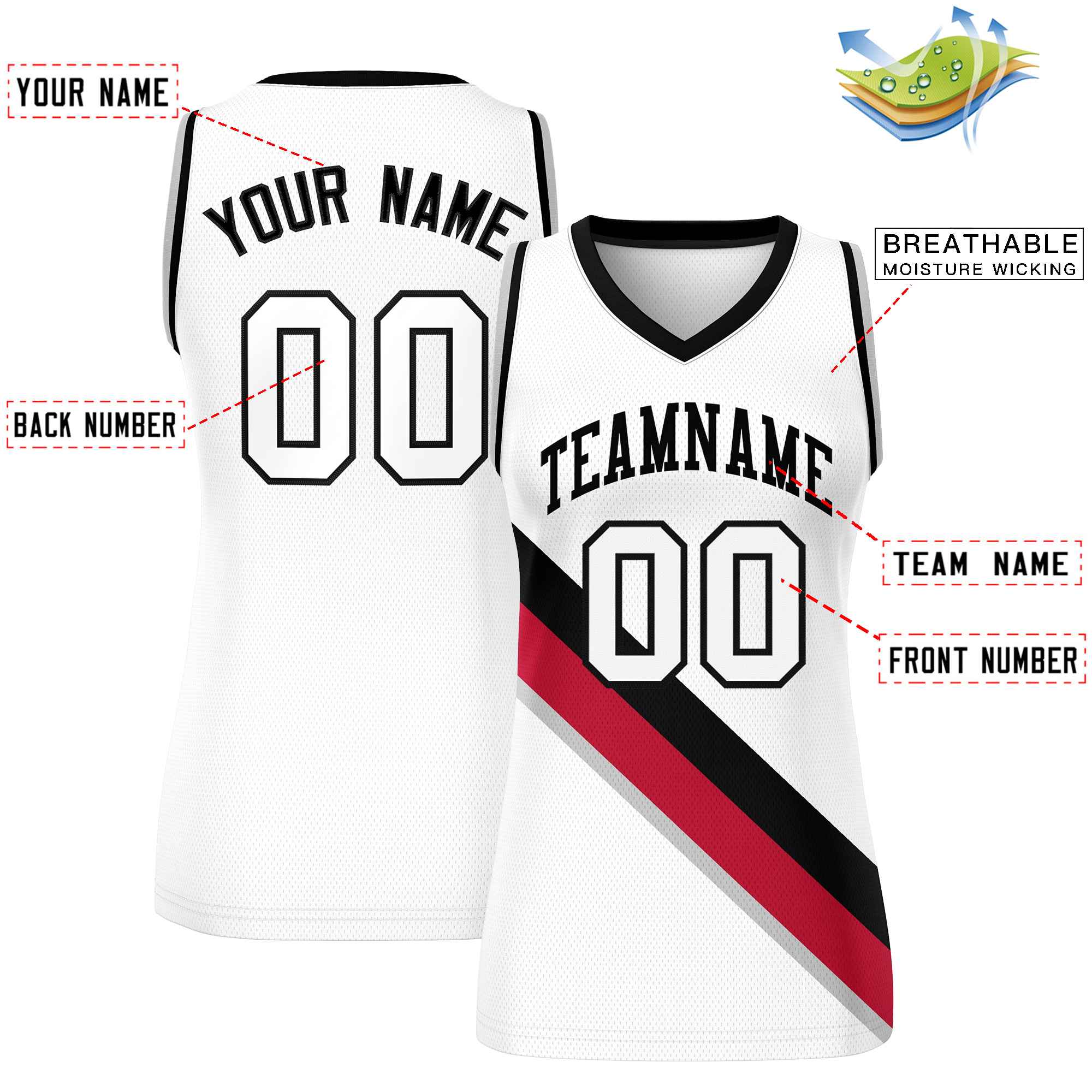 Custom White Black-Gray Thick Slash Fashion Tops Mesh Basketball Jersey For Women