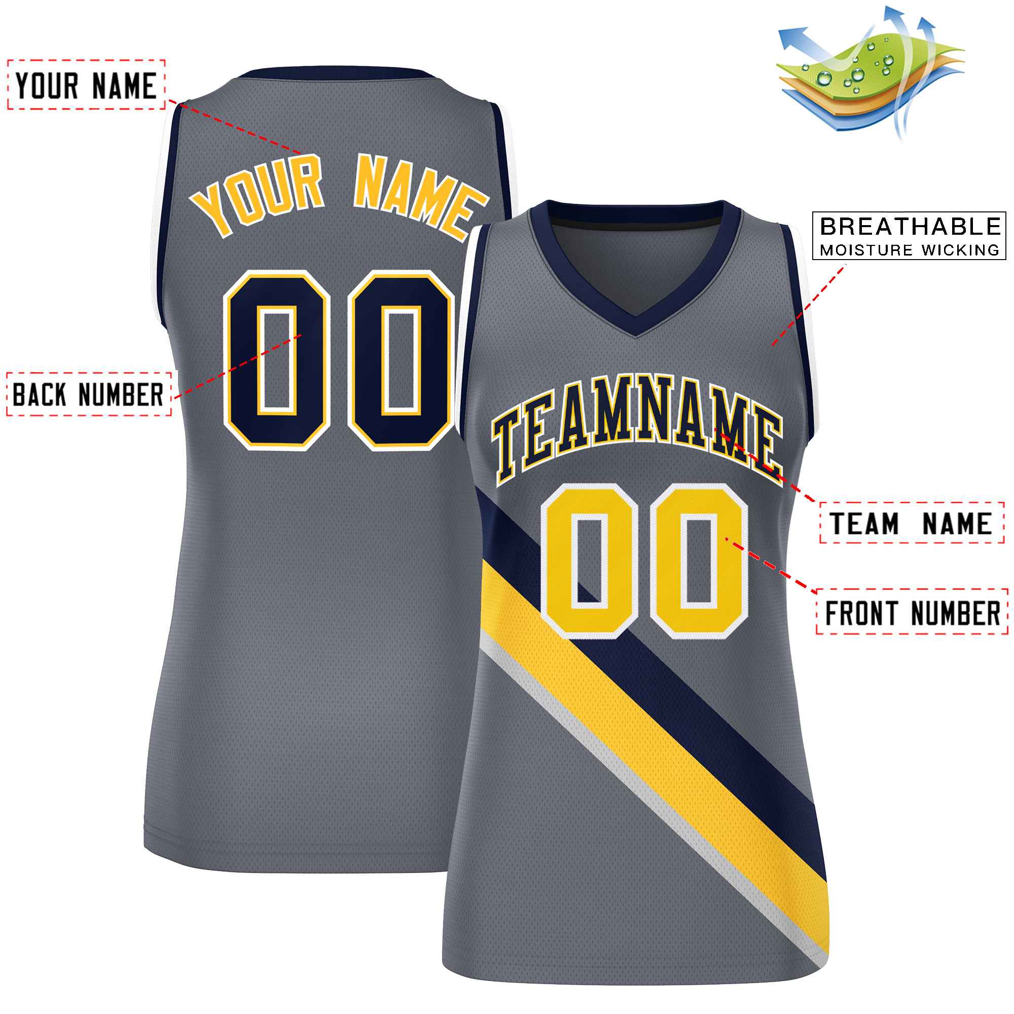 Custom Dark Gray Navy-White Thick Slash Fashion Tops Mesh Basketball Jersey For Women