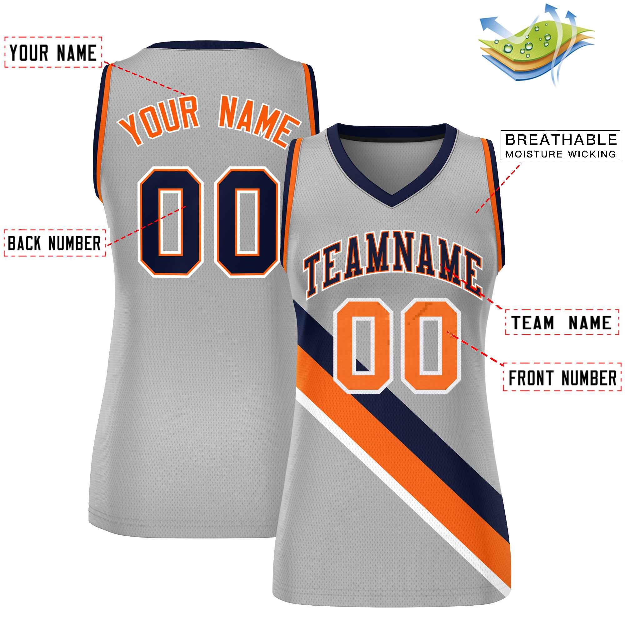 Custom Light Gray Orange-Navy Thick Slash Fashion Tops Mesh Basketball Jersey For Women