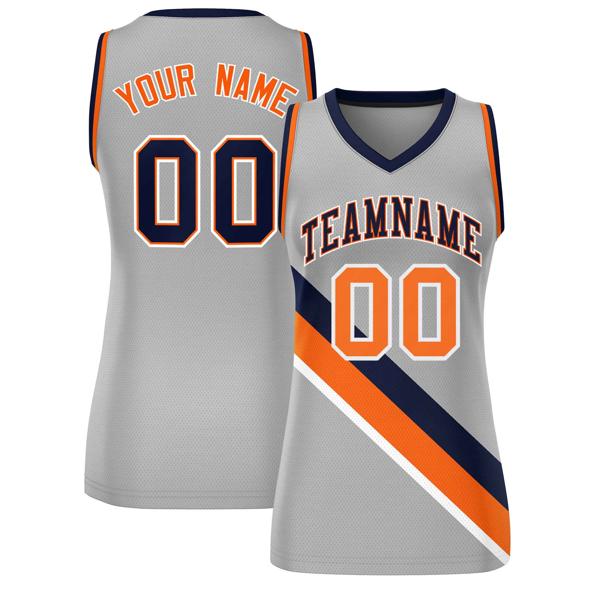 Custom Light Gray Orange-Navy Thick Slash Fashion Tops Mesh Basketball Jersey For Women