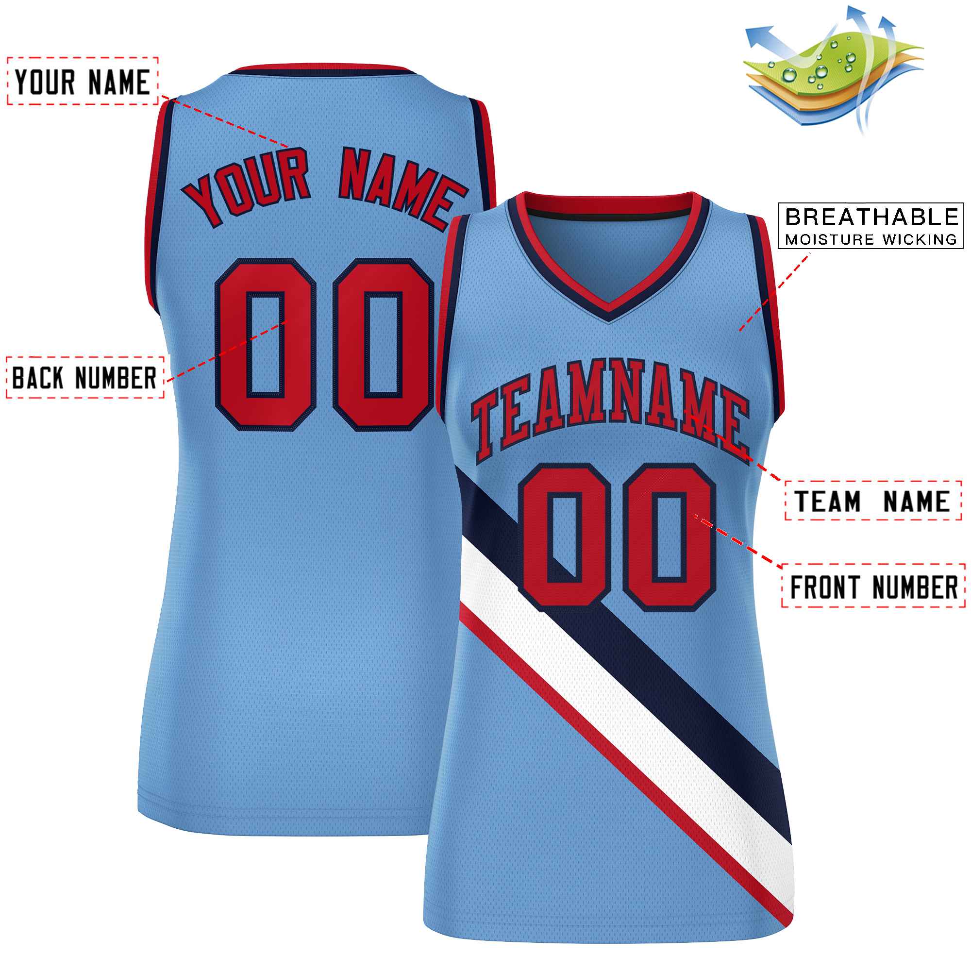 Custom Light Blue Navy-Red Thick Slash Fashion Tops Mesh Basketball Jersey For Women