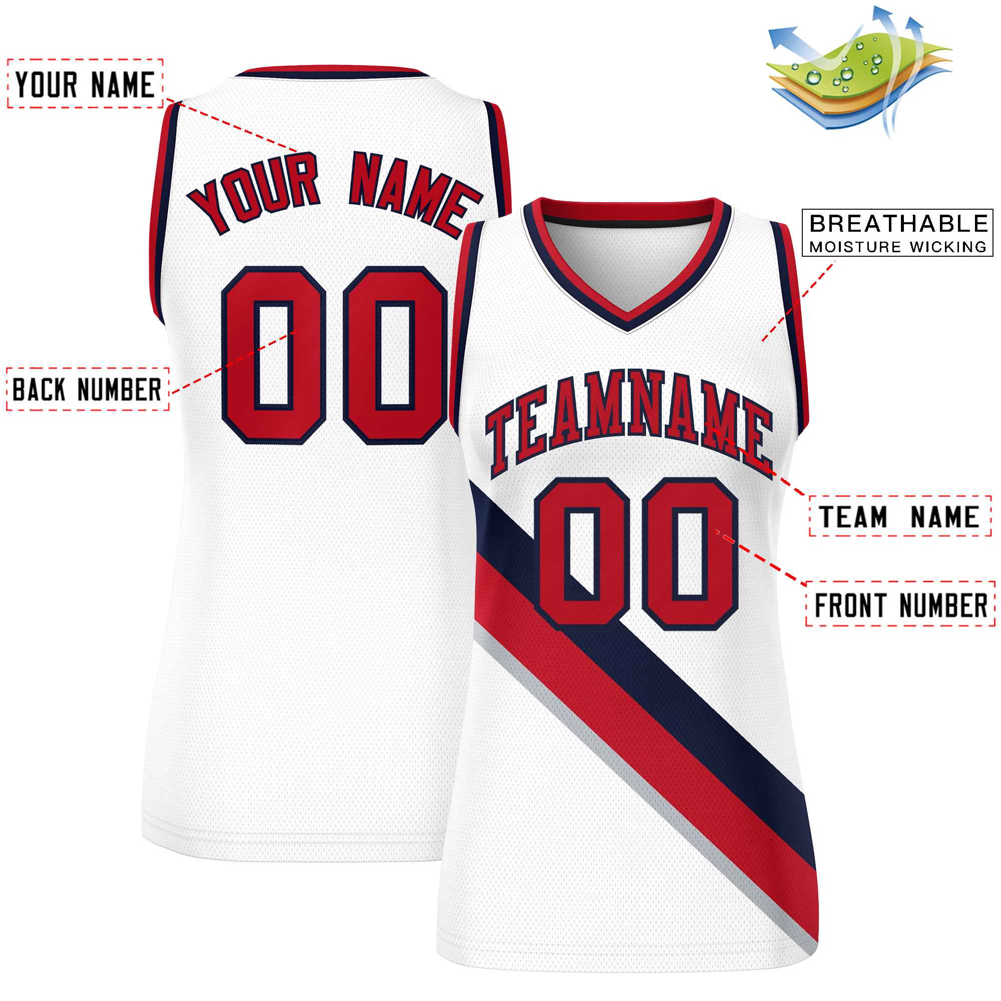 Custom White Navy-Red Thick Slash Fashion Tops Mesh Basketball Jersey For Women