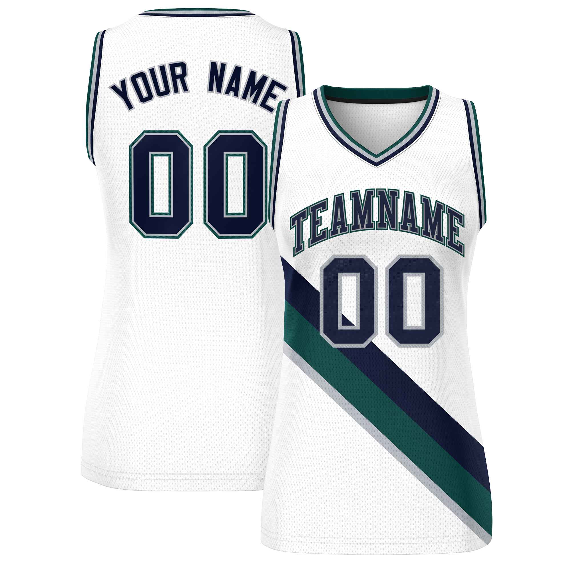 Custom White Midnight Green-Gray Thick Slash Fashion Tops Mesh Basketball Jersey For Women