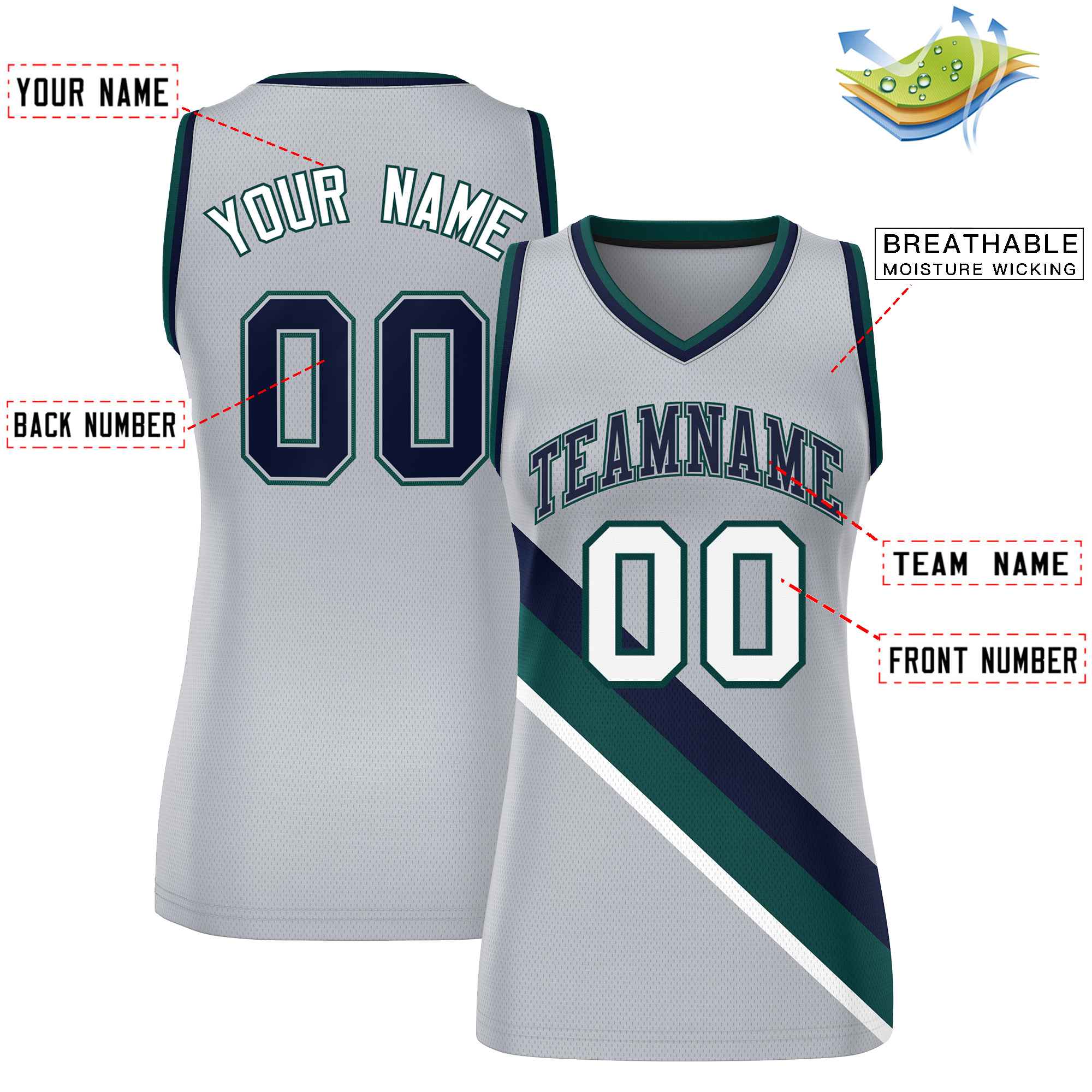 Custom Light Gray Navy-Midnight Green Thick Slash Fashion Tops Mesh Basketball Jersey For Women