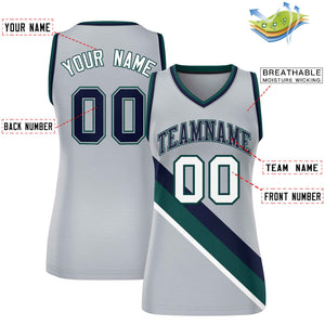 Custom Light Gray Navy-Midnight Green Thick Slash Fashion Tops Mesh Basketball Jersey For Women