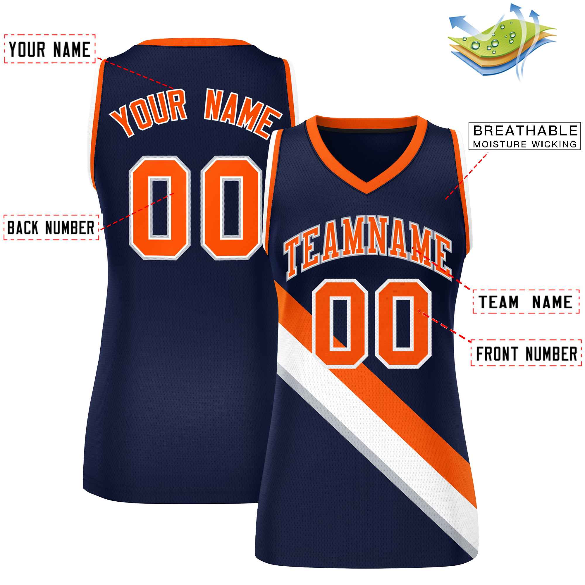 Custom Navy Orange-White Thick Slash Fashion Tops Mesh Basketball Jersey For Women