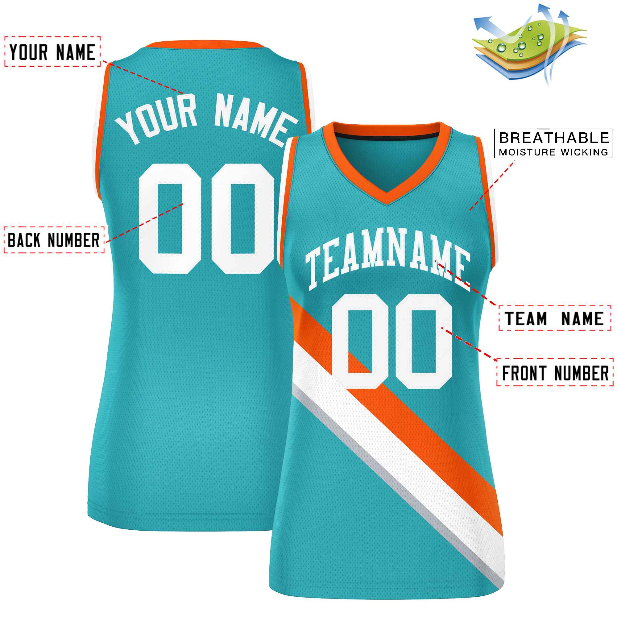 Custom Aqua Orange-White Thick Slash Fashion Tops Mesh Basketball Jersey For Women