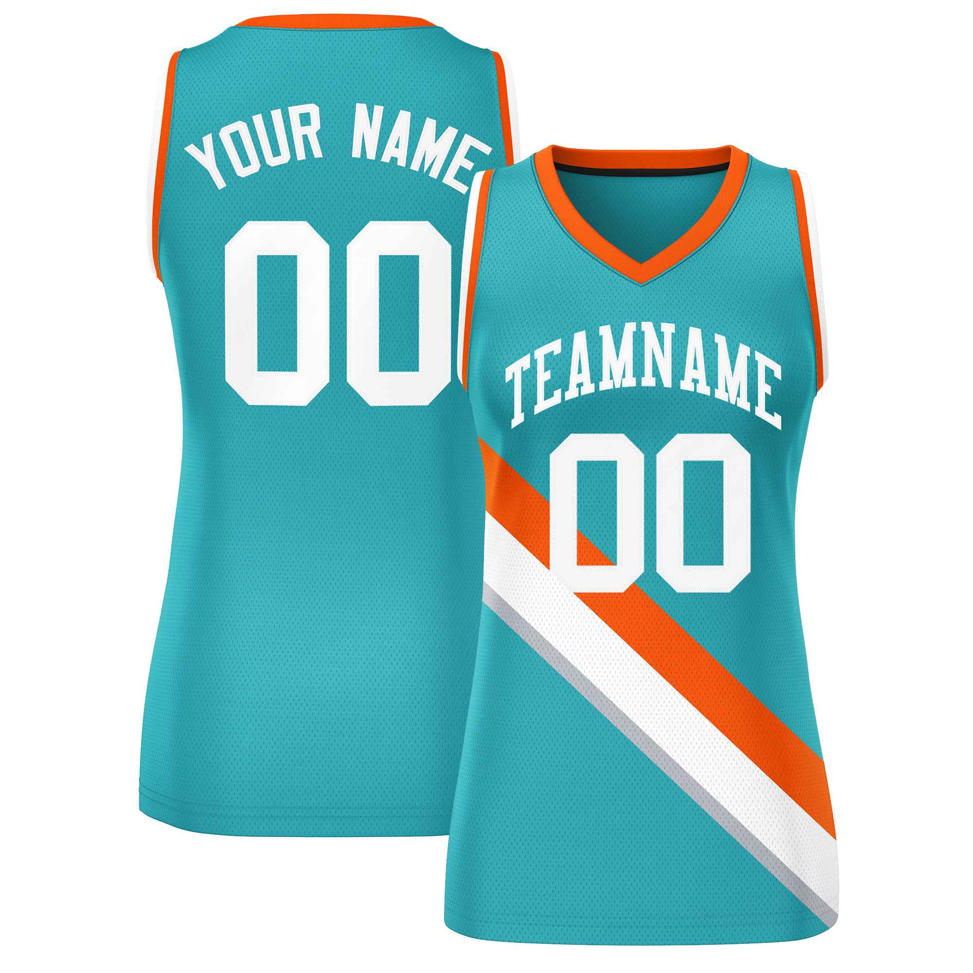 Custom Aqua Orange-White Thick Slash Fashion Tops Mesh Basketball Jersey For Women