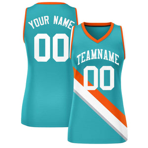 Custom Aqua Orange-White Thick Slash Fashion Tops Mesh Basketball Jersey For Women