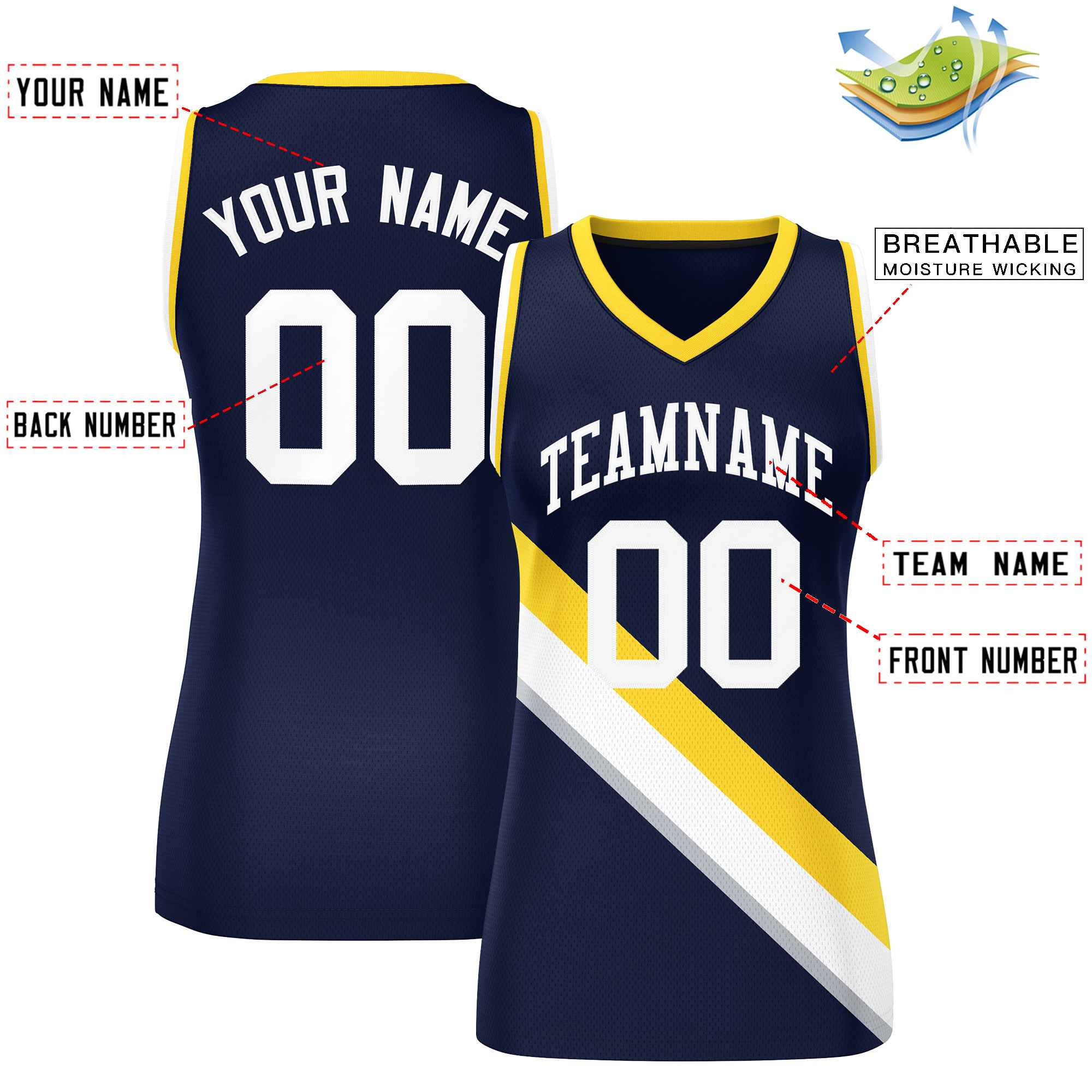 Custom Navy Gold-White Thick Slash Fashion Tops Mesh Basketball Jersey For Women