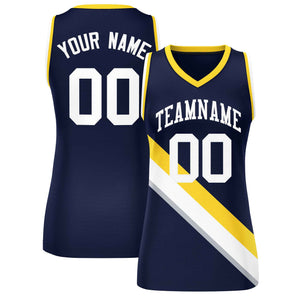 Custom Navy Gold-White Thick Slash Fashion Tops Mesh Basketball Jersey For Women