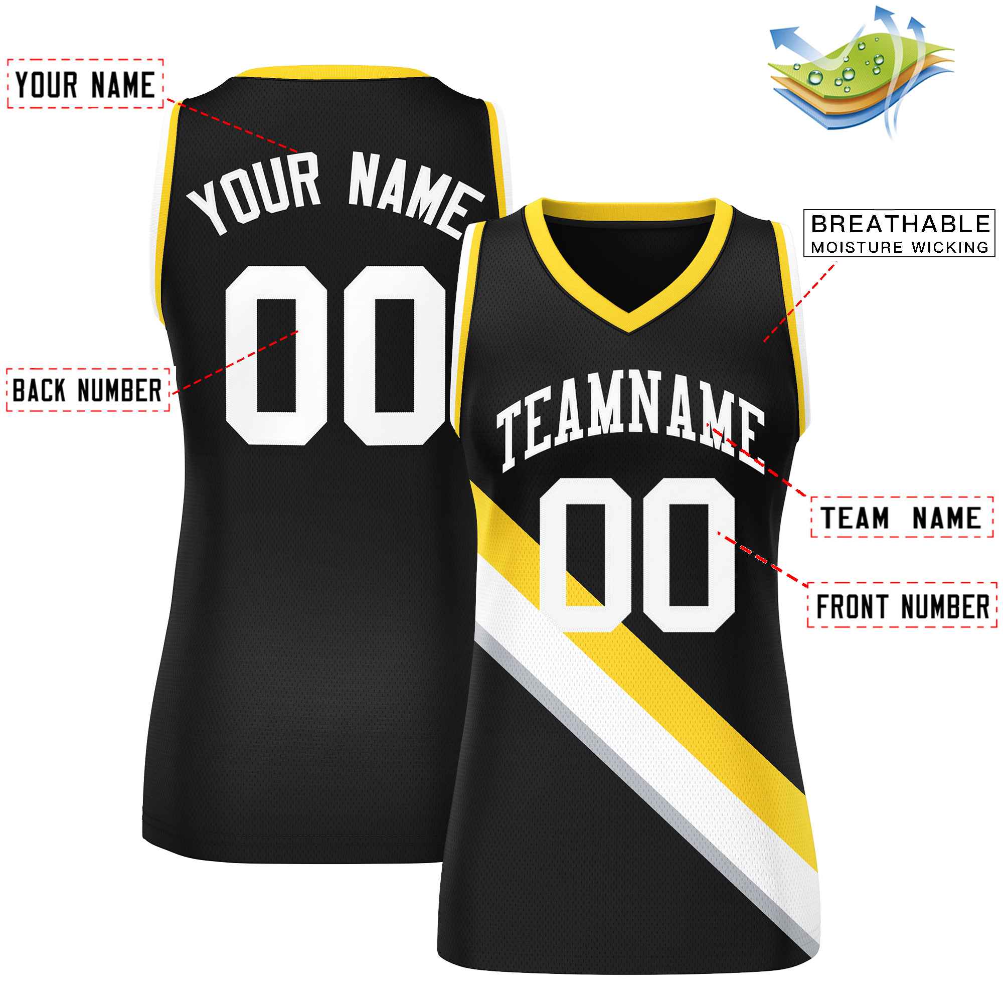 Custom Black Gold-White Thick Slash Fashion Tops Mesh Basketball Jersey For Women