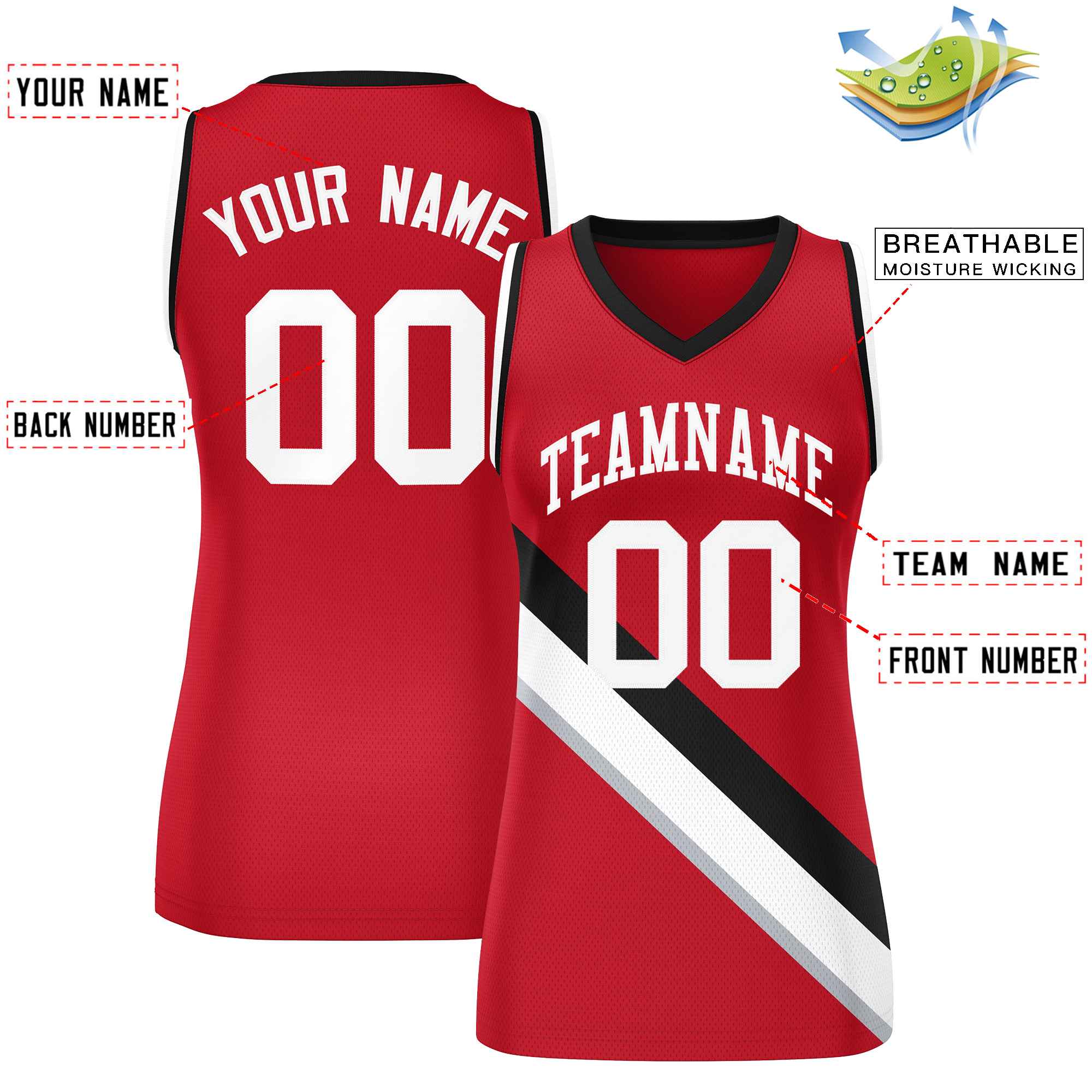 Custom Red Black-White Thick Slash Fashion Tops Mesh Basketball Jersey For Women